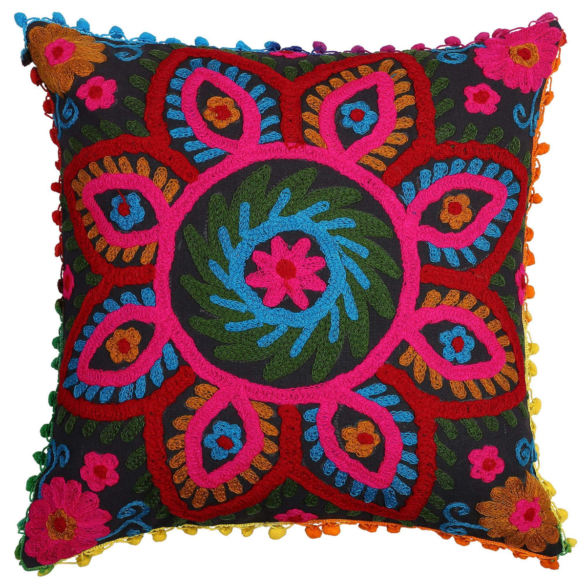 Stylo Culture Rajasthani Floral Cushion Cover 17X17 Inches Black Embroidered Suzani Work With Pompom Lace Cotton Square Decorati