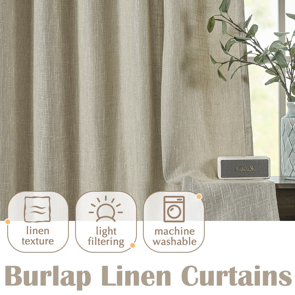 Jinchan Burlap Look Curtains 90 Inches Long Linen Textured Curtains For Living Room Light Filtering Farmhouse Curtains Rod Pocke