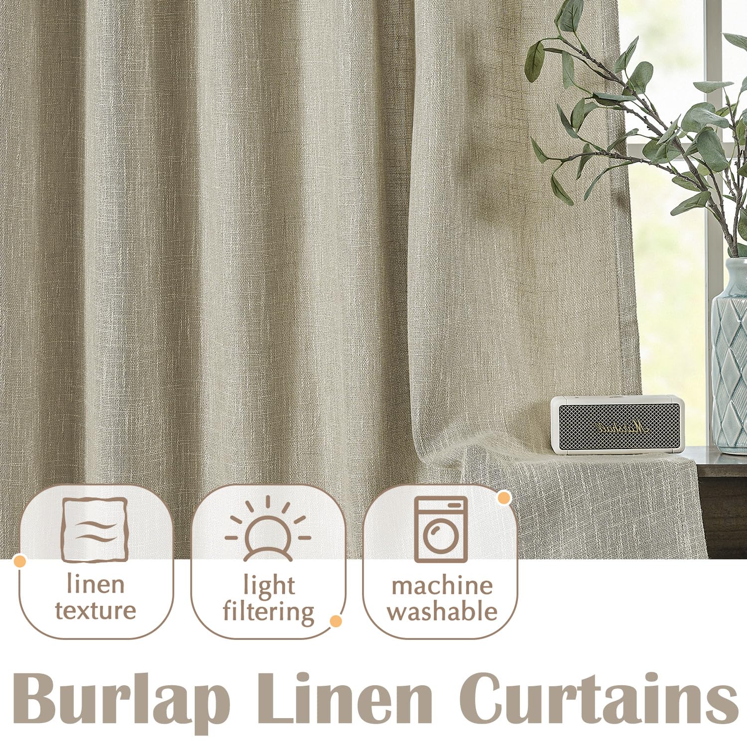 Jinchan Burlap Look Curtains 90 Inches Long Linen Textured Curtains For Living Room Light Filtering Farmhouse Curtains Rod Pocke