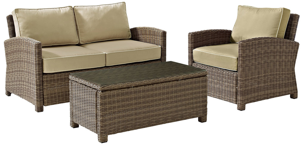 Crosley Furniture Bradenton 3-Piece Outdoor Loveseat Patio Furniture Set, Wicker Conversation Sets for Porch, Brown with Sand Cushions