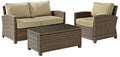 Crosley Furniture Bradenton 3-Piece Outdoor Loveseat Patio Furniture Set, Wicker Conversation Sets for Porch, Brown with Sand Cushions