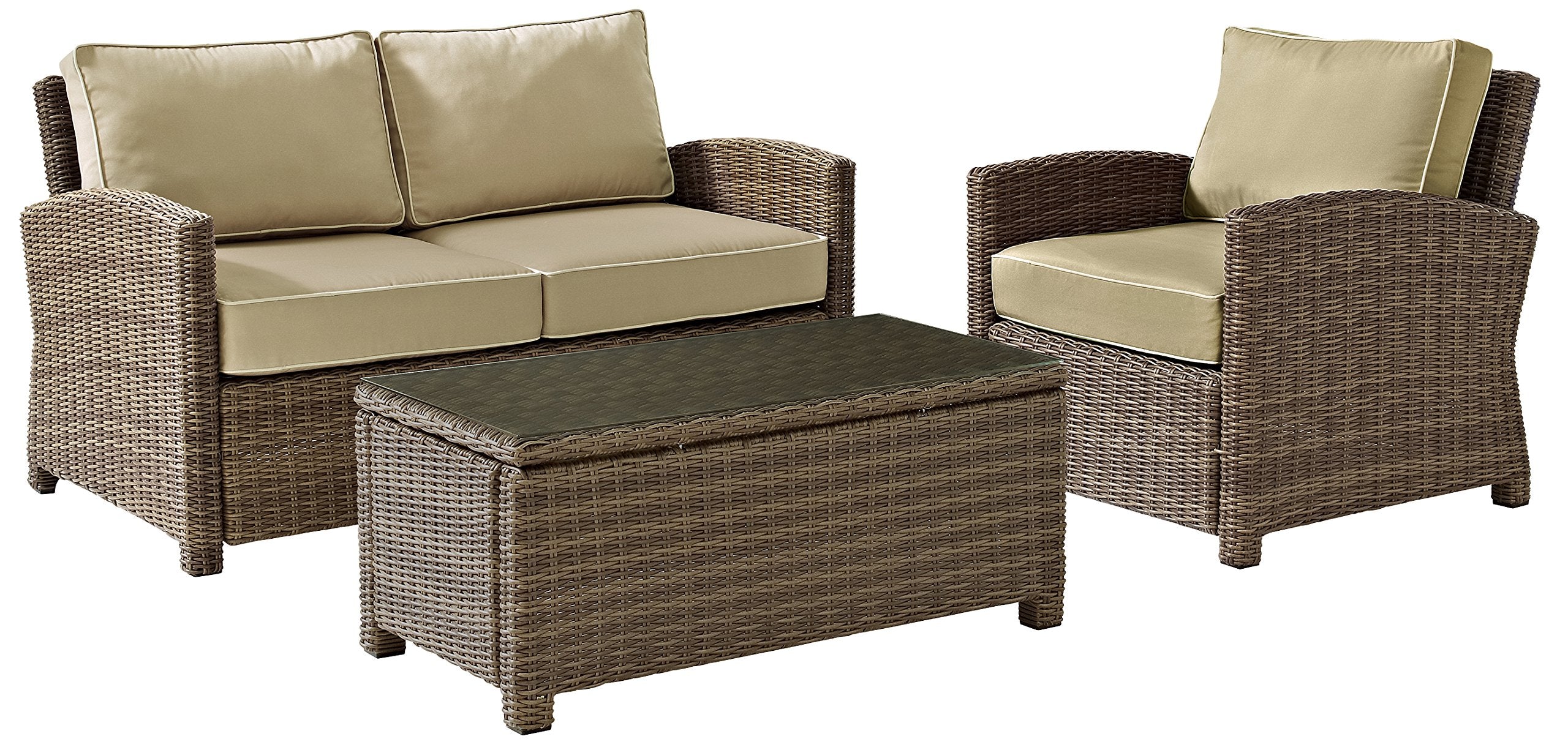 Crosley Furniture Bradenton 3-Piece Outdoor Loveseat Patio Furniture Set, Wicker Conversation Sets for Porch, Brown with Sand Cushions