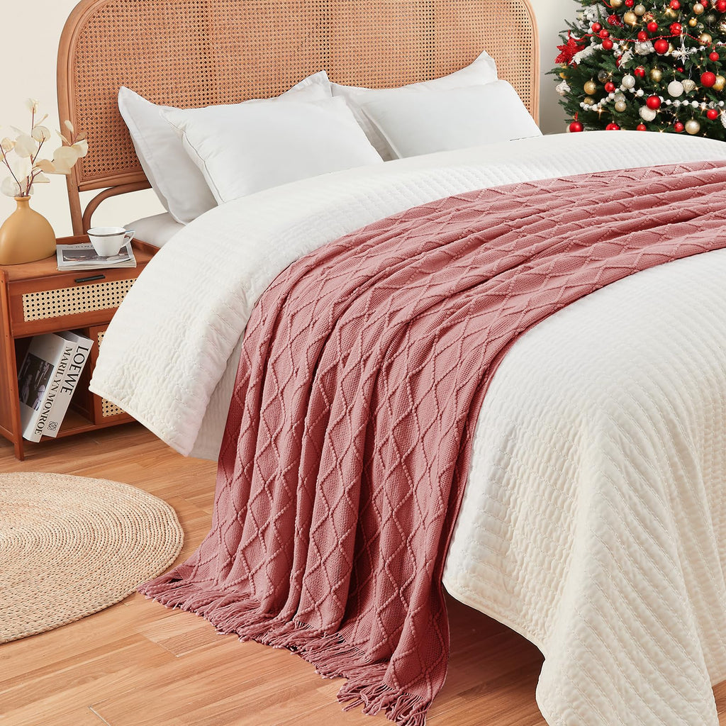 Inhand Knitted Throw Blankets For Couch And Bed, Soft Cozy Knit Blanket With Tassel, Coral Pink Lightweight Decorative Blankets