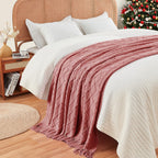 Inhand Knitted Throw Blankets For Couch And Bed, Soft Cozy Knit Blanket With Tassel, Coral Pink Lightweight Decorative Blankets