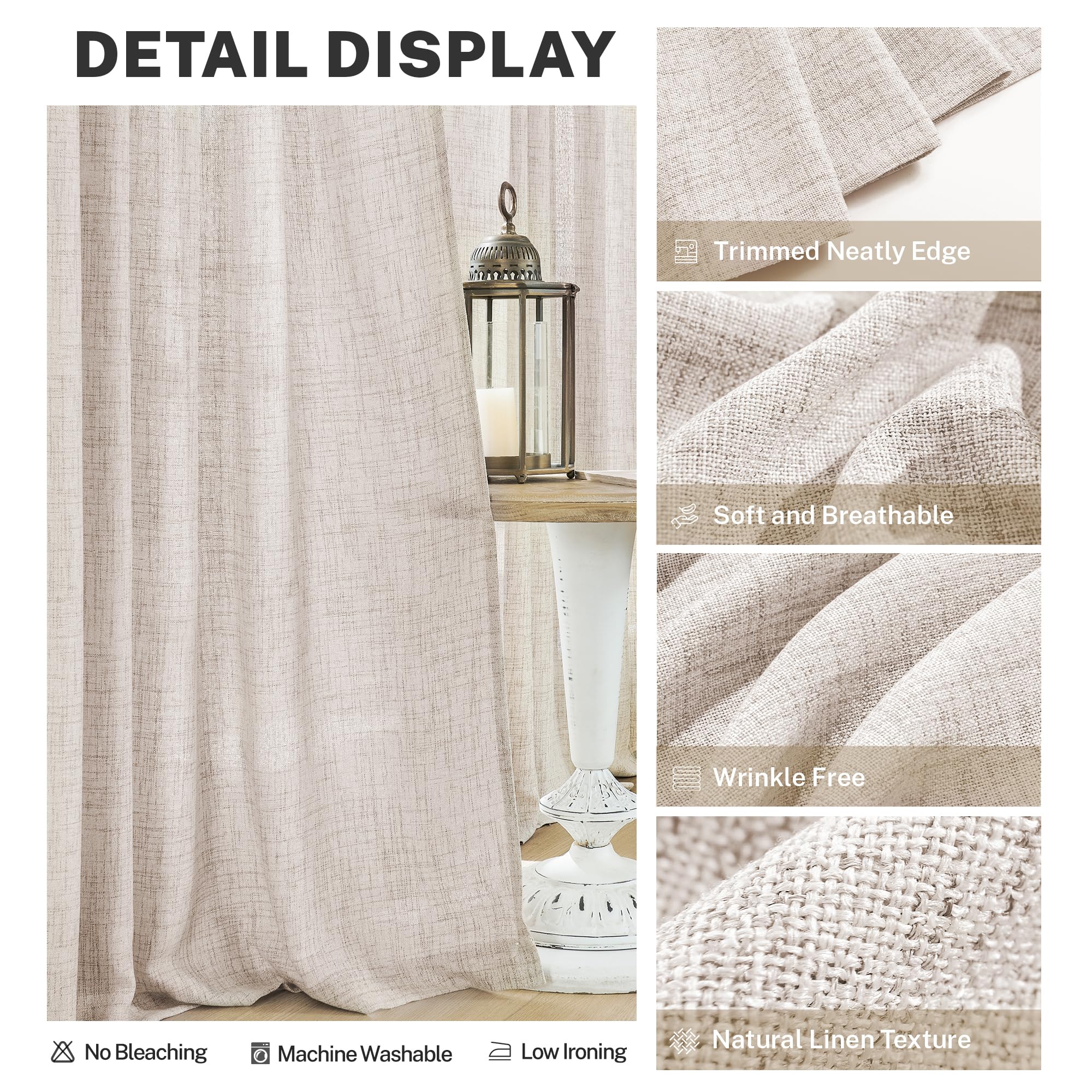 Meetbily Short Linen Curtains 45 Inch Length For Kitchen Cafe Window Bathroom 2 Panels Set Back Tab Pocket Farmhouse Boho Light