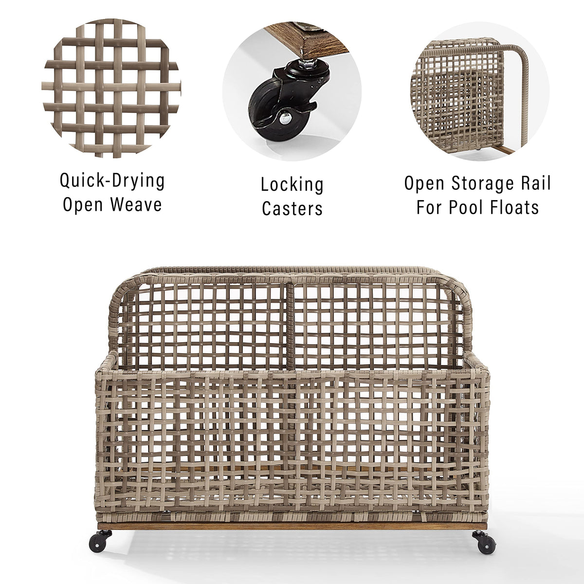 Crosley Furniture Ridley Wicker Outdoor Storage Pool Caddy for Floats, Patio Furniture Cushions, Distressed Gray/Brown