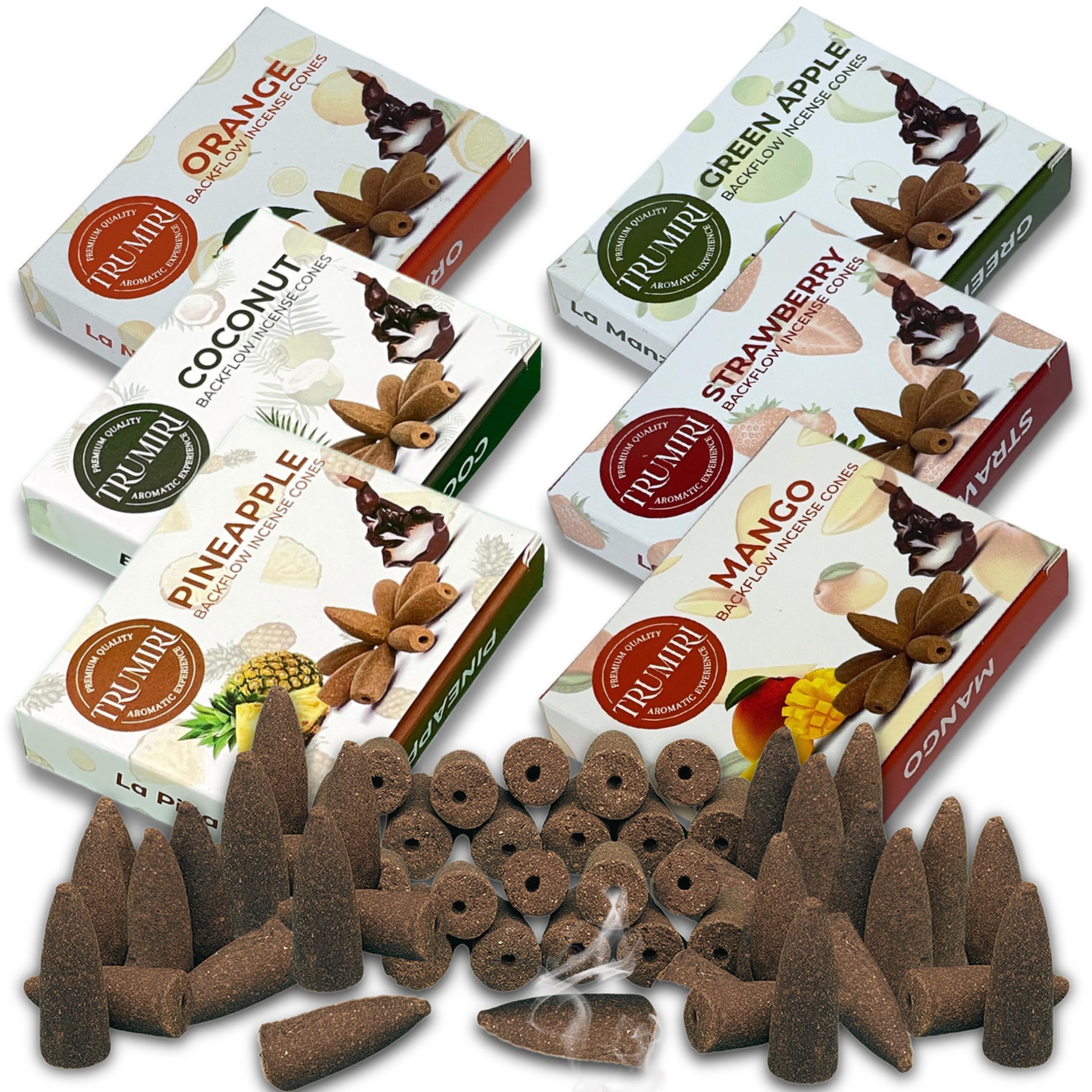 Fruity - Backflow Incense Cones for Waterfall - Scented Inscents-Cones - Pineapple, Strawberry, Coconut, Mango, Apple, Orange - 
