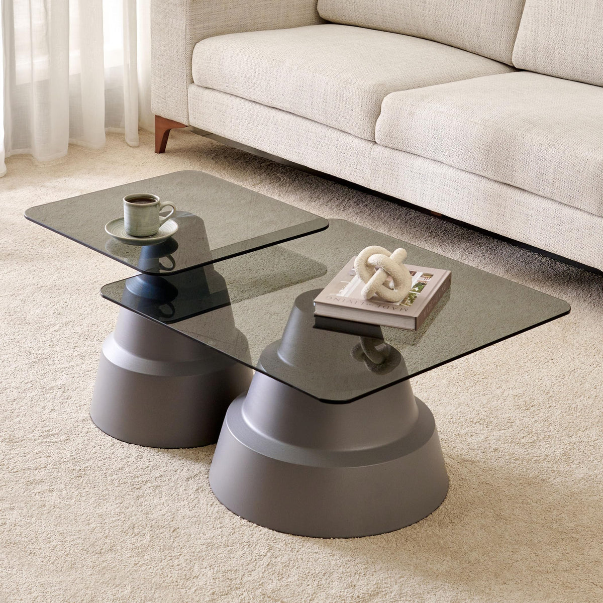 Home Centre | Nebulous Tempered Glass Top Set Of 2 Nesting Coffee Tables | Center Table For Living Room | Grey | 1 Year Warranty