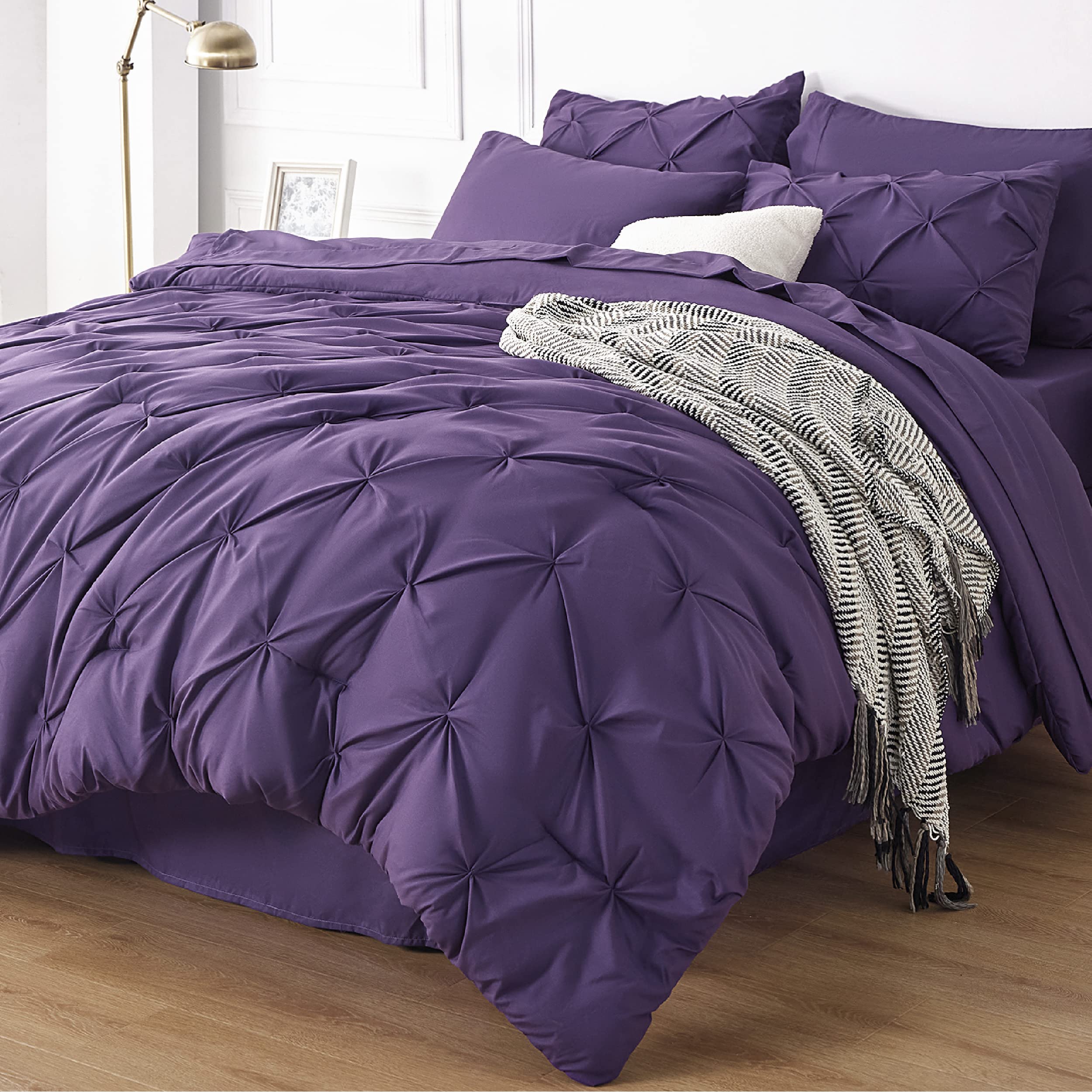 Bedsure California King Comforter Set - Cal King Bed Set 7 Pieces, Pinch Pleat Purple Cali King Bedding Set With Comforter, Shee