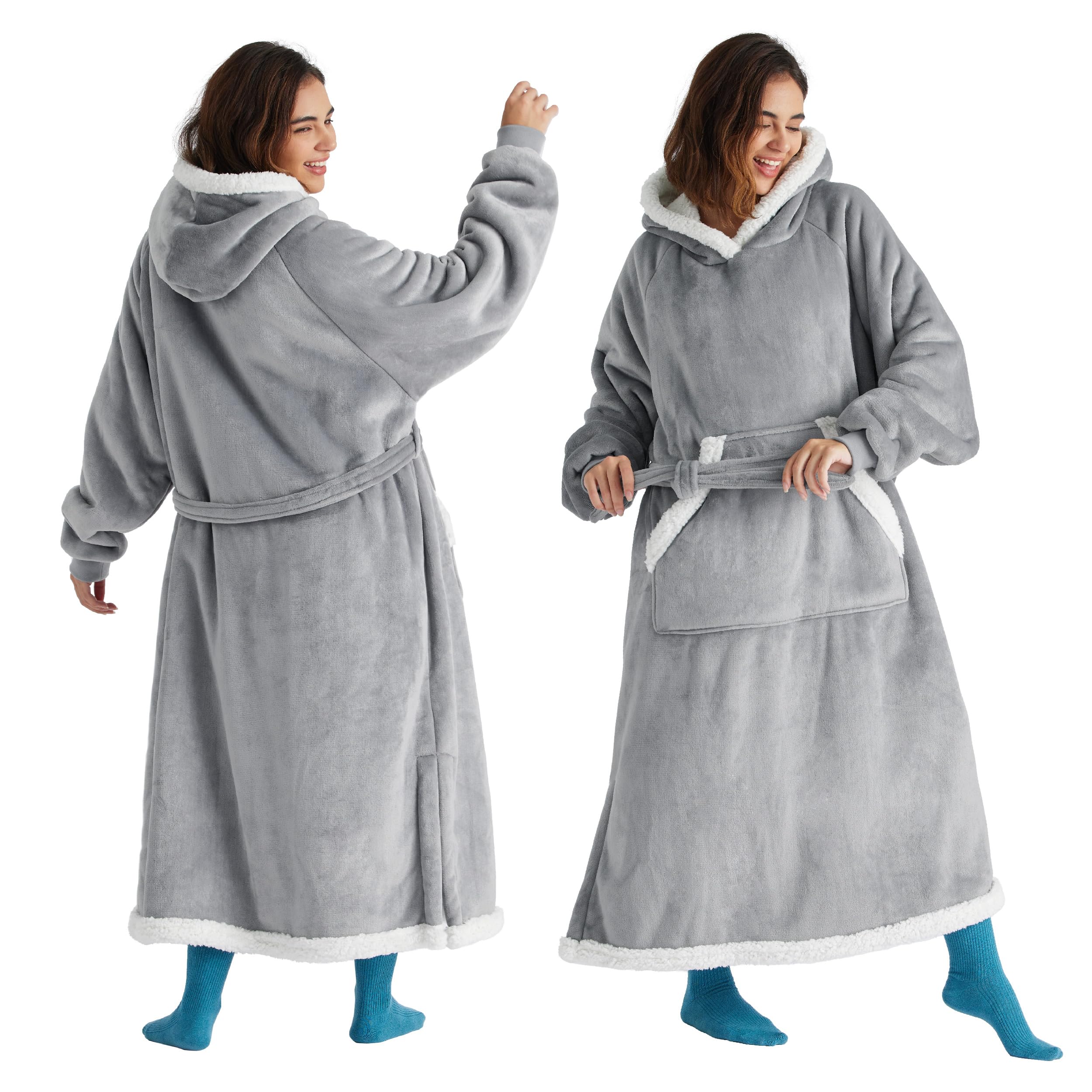 Bedsure Wearable Blanket Hoodie Women - Long Sherpa Fleece Hooded Blanket For Adult Women Men, Warm Cozy Blanket Sweatshirt With