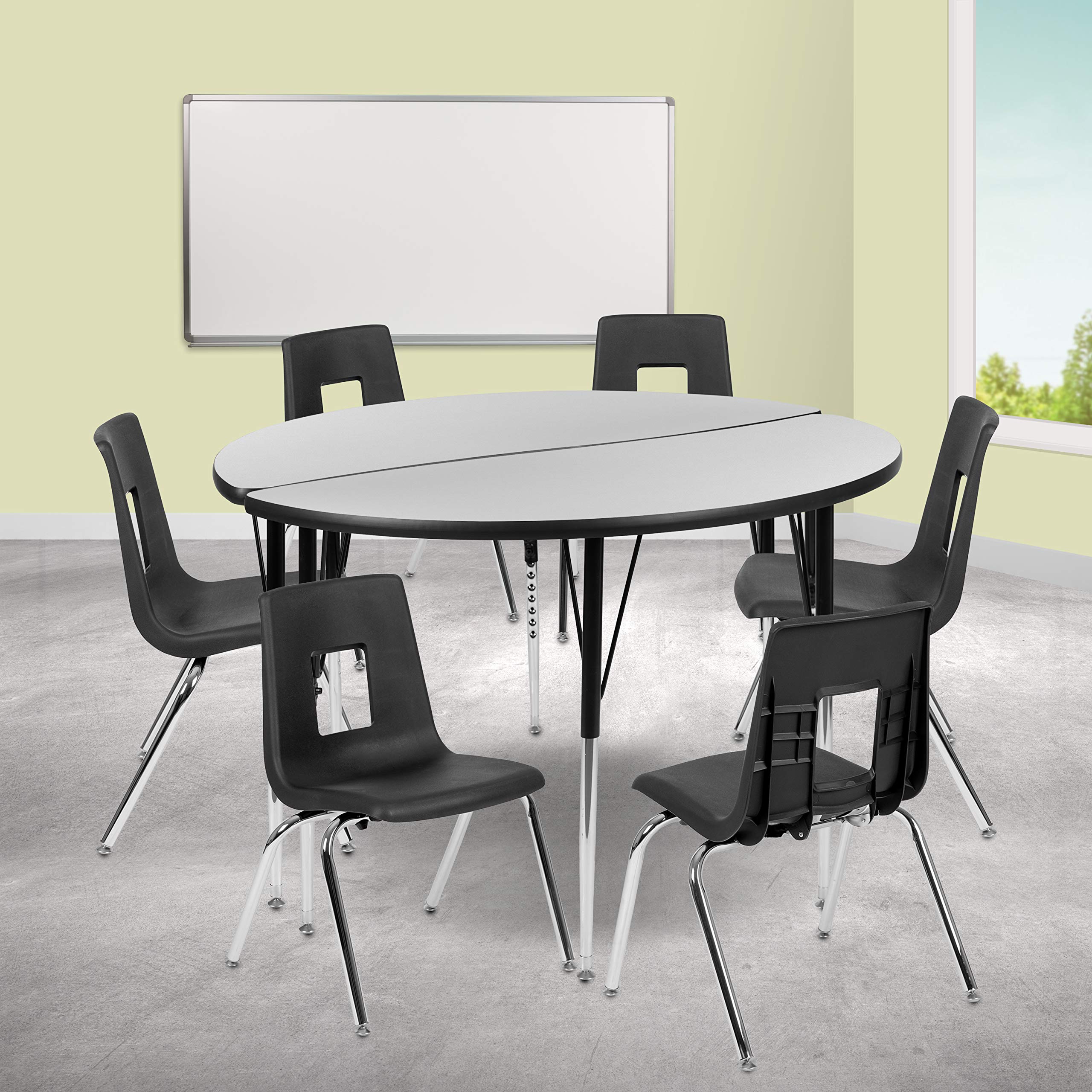 Flash Furniture 47.5 Circle Wave Collaborative Laminate Activity Table Set with 18 Student Stack Chairs, Grey/Black