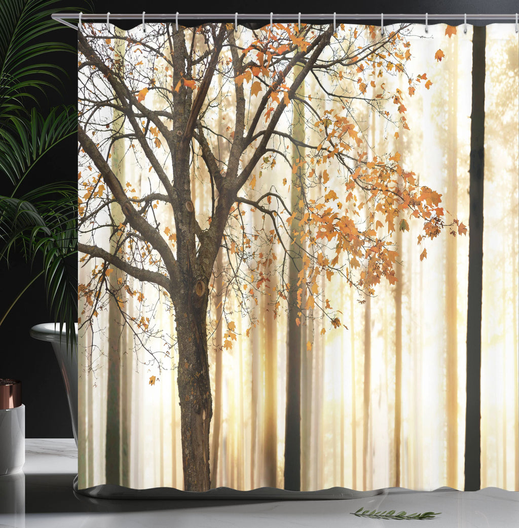 Ambesonne Autumn Shower Curtain, Fall Season Theme Picture Of A Forest Tree Leaves An Abstract Woodland Background Print, Cloth