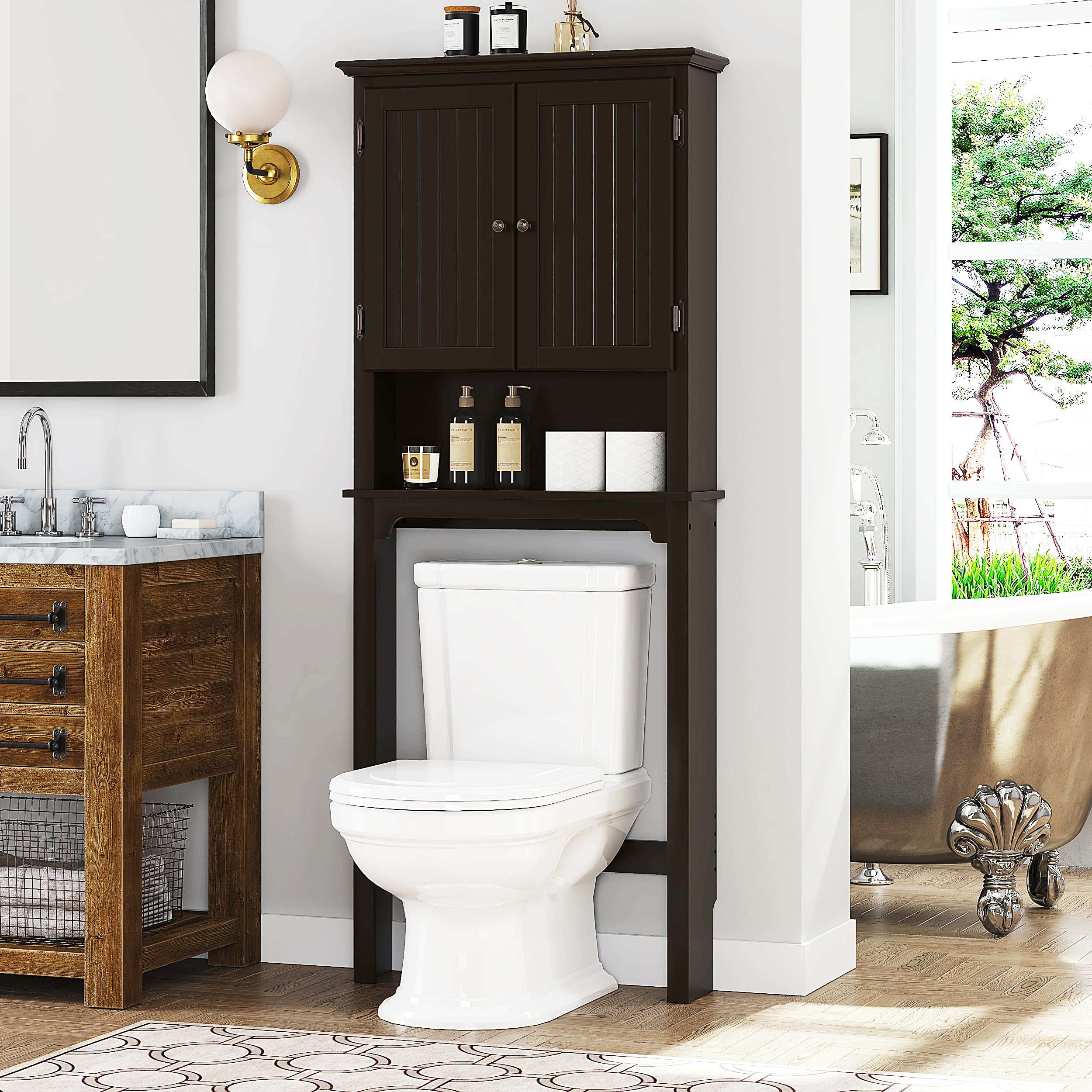 UTEX Bathroom Storage Over The Toilet, Bathroom Cabinet Organizer with Adjustable Shelves and Double Doors, Wood Bathroom Space 