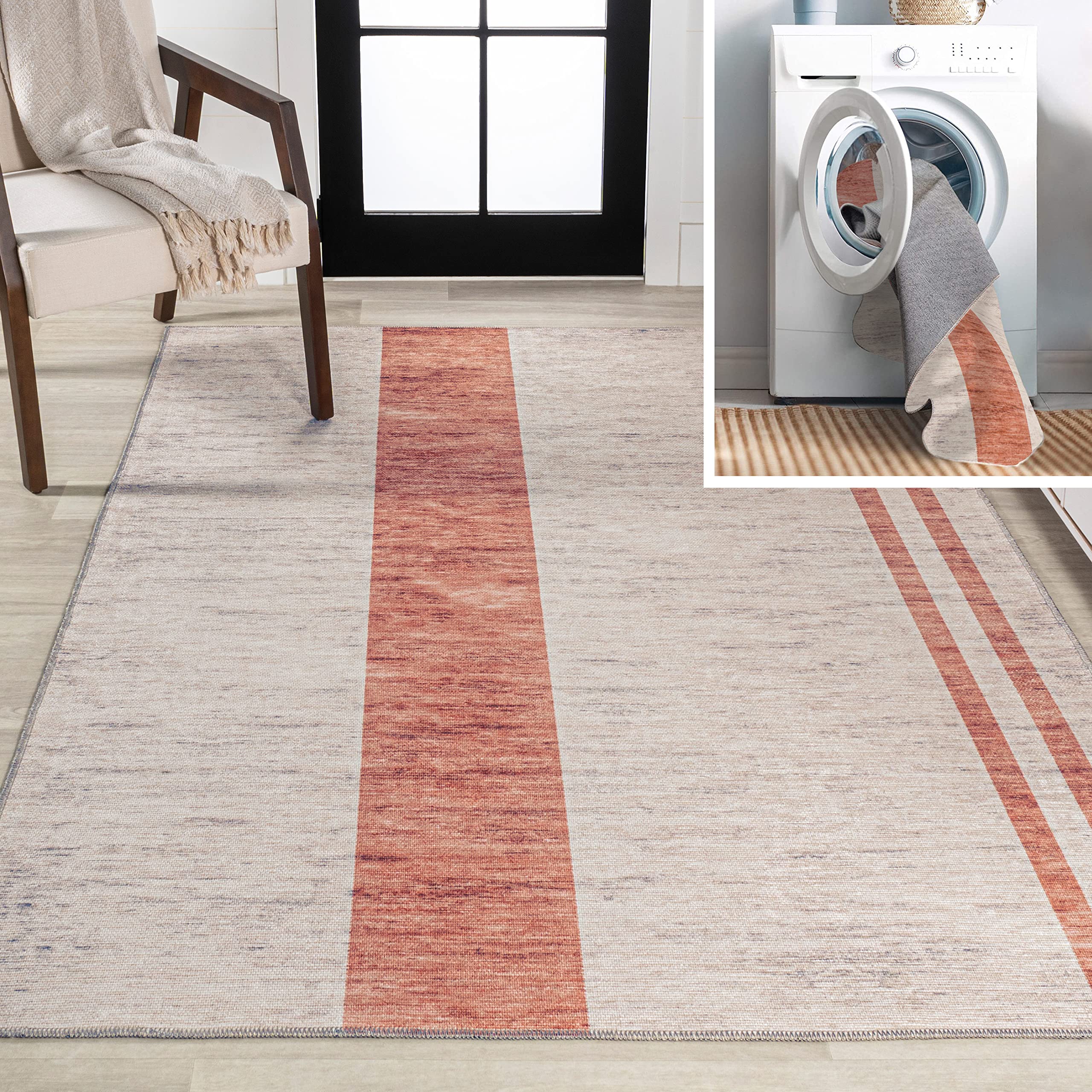 JONATHAN Y WSH116A-8 Raita Modern Distressed Stripe Machine-Washable Indoor Area -Rug, Farmhouse Bohemian Vintage Easy -Cleaning