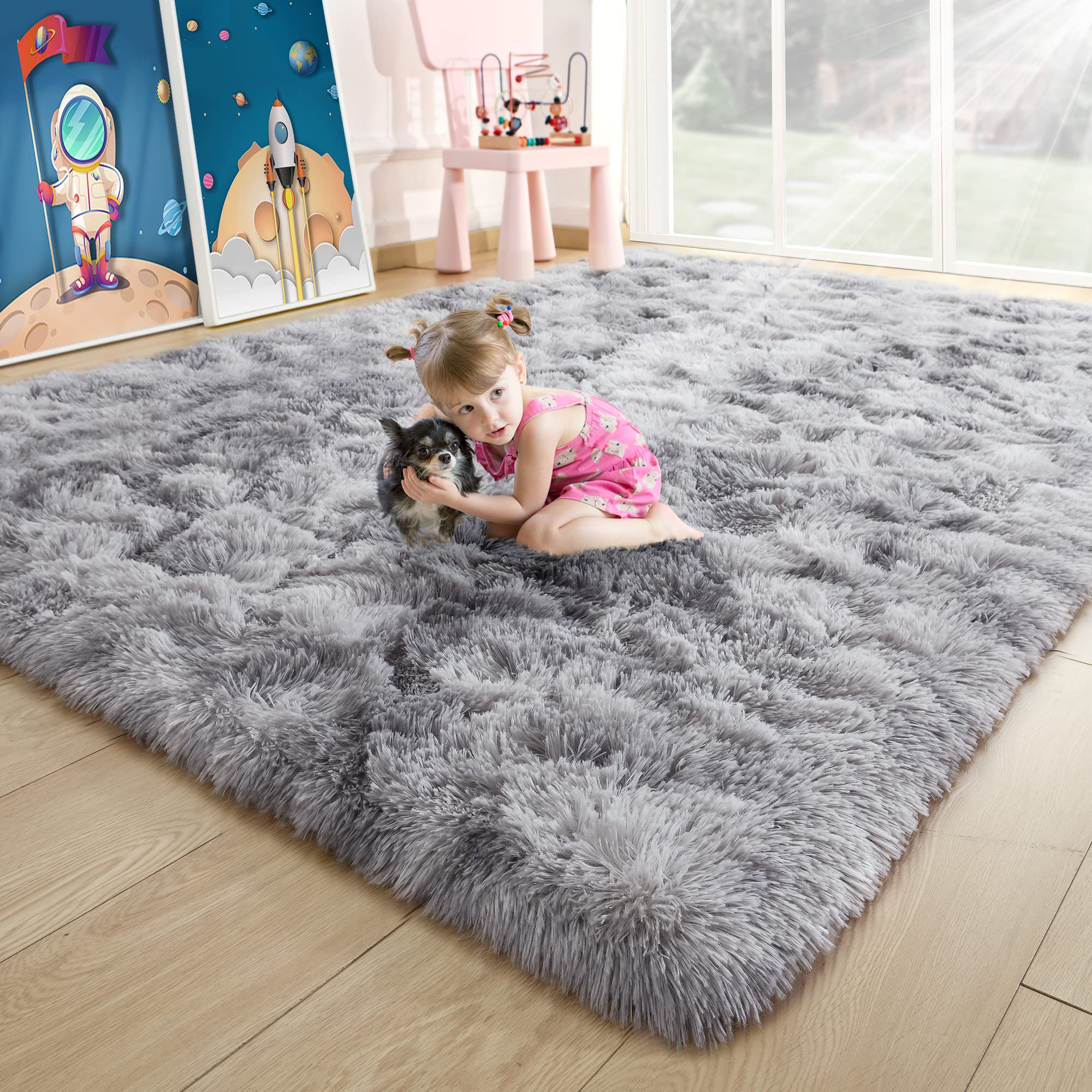 Noahas Fluffy 8x10 Area Rugs for Living Room,Tie-Dyed Grey Large Shag Bedroom Carpet,Shaggy Rugs for Bedroom,Big Living Room Rug