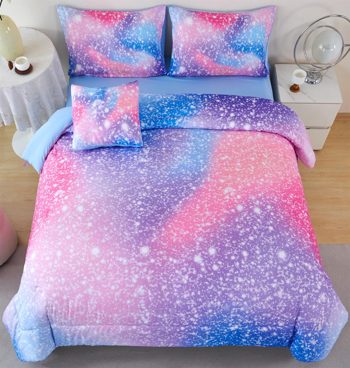 Rynghipy 6Pcs Girls Bedding Set Queen Size Colorful Rainbow Comforter Set For Kids Teens Girls Glitter Bedding Set Lightweight F