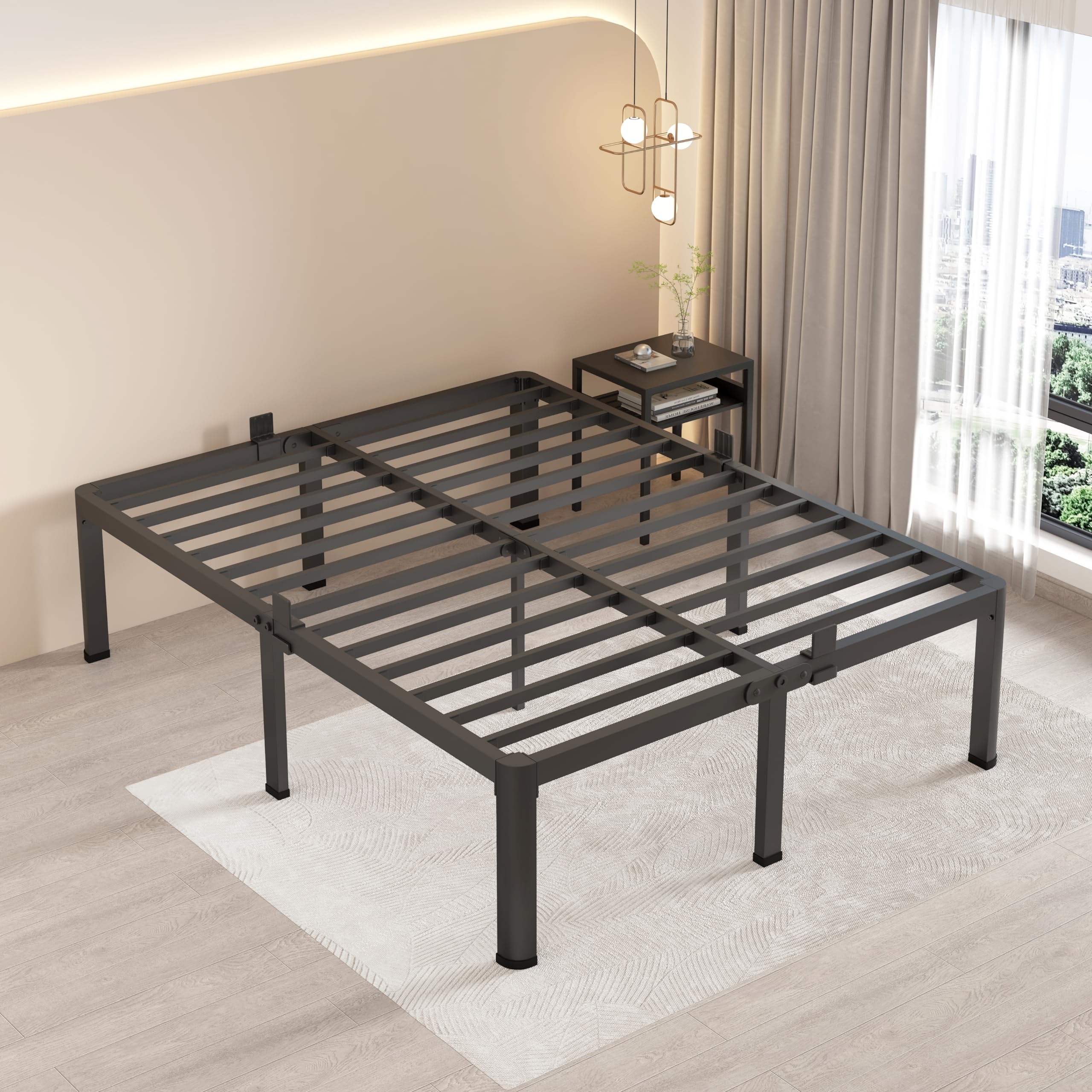 Maf 16 Inch King Size Bed Frame With Round Corner Legs Mattress Slide Stopper No Box Spring Needed Heavy Duty Metal Platform Bed Frames Under-Bed Storage Space, 3000 Lbs Steel Slats Support