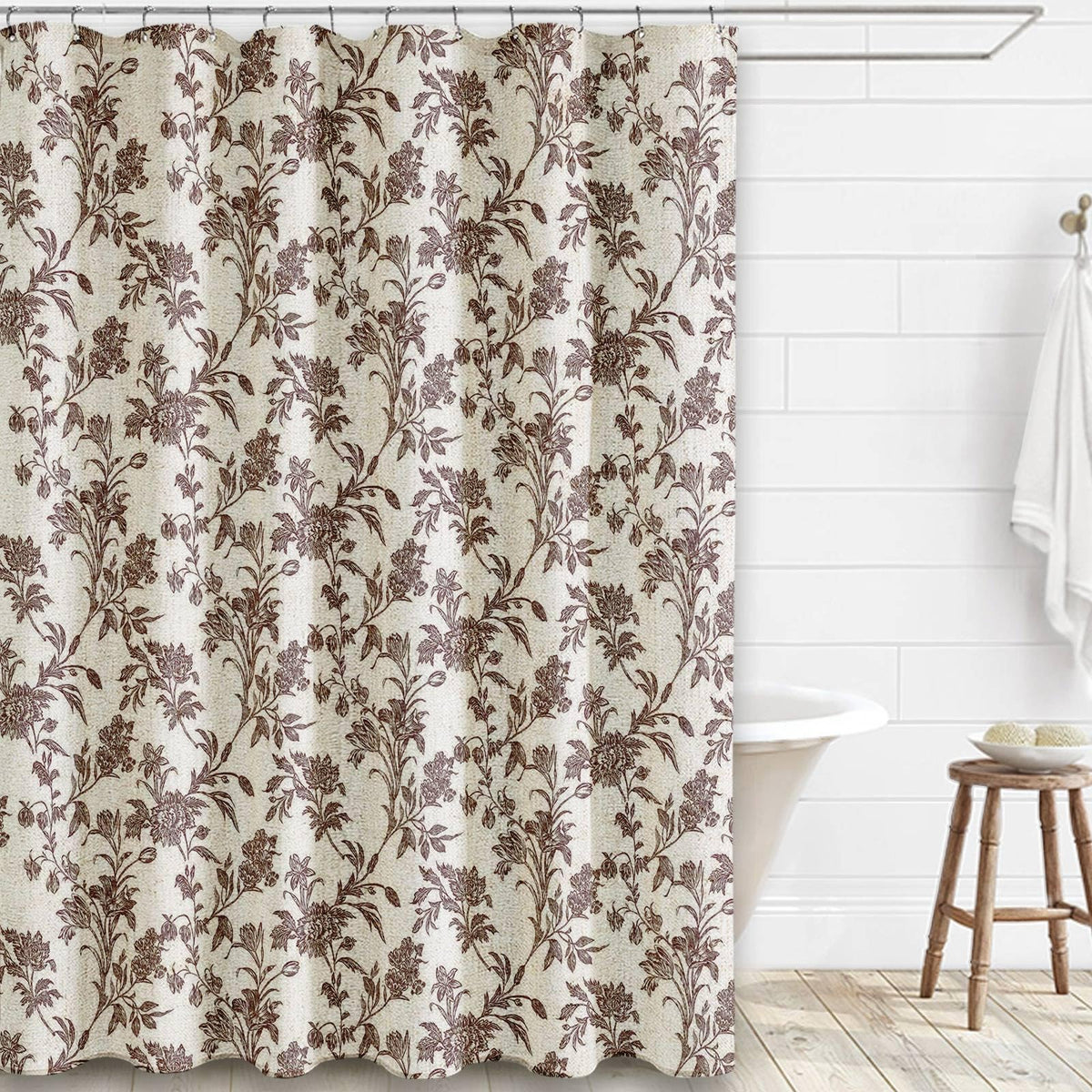 Brown Shower Curtain Floral Cotton Linen Cottagecore Shower Curtain For Bathroom 72' W X 72' L Boho Farmhouse