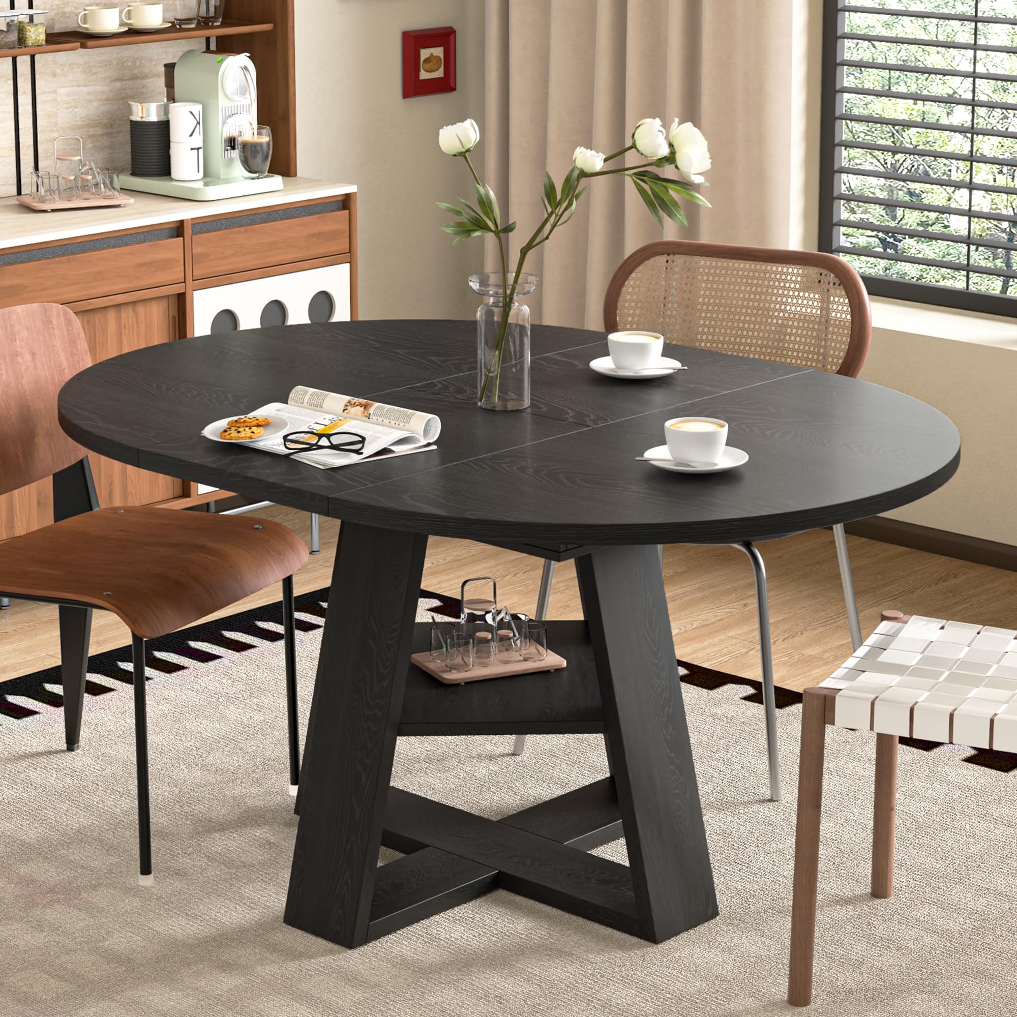 43.3in-59in Extendable Round Dining Table for 4-8,Modern Kitchen Oval Dining Table with Removable Leaves Space Saving,Wood Base 