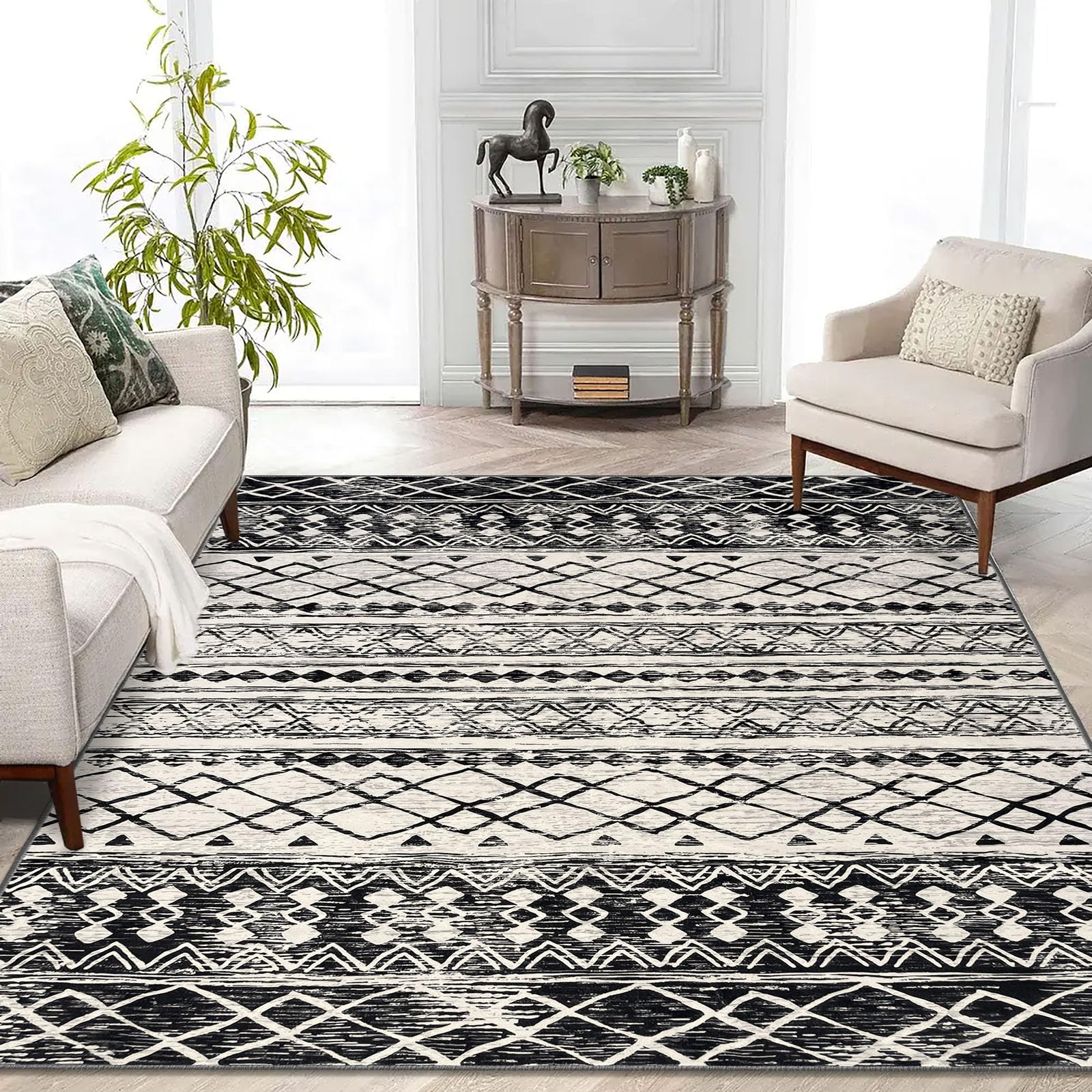 KUTA Morocca Area Rug 5x7 Black Navy Blue, Washable Boho Living Room Rug Non-Slip, Ultra Soft Geometric Print Traditional Farmho