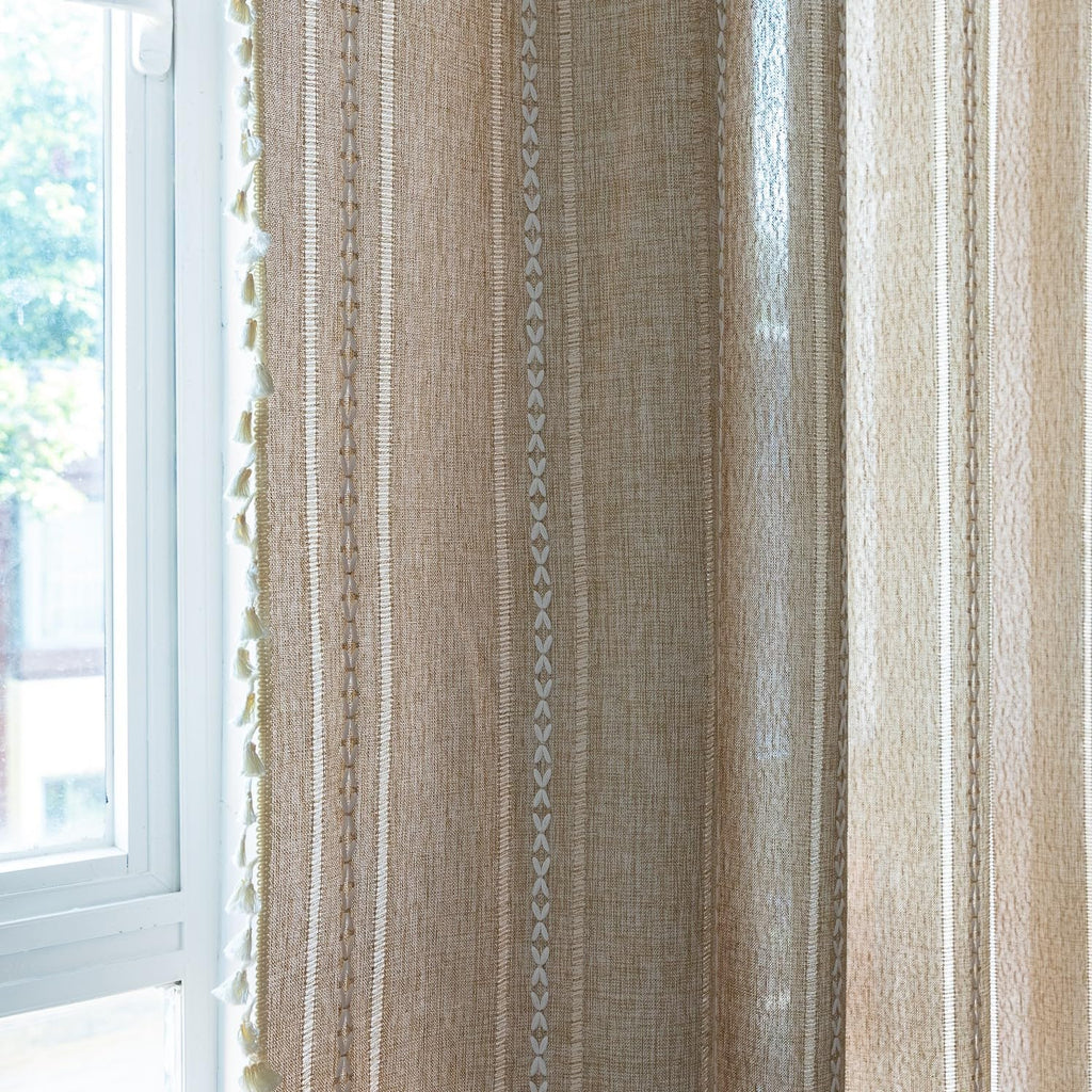 Sutuo Home Natural Boho Curtains 120 Inch Extra Long For Bohemian Farmhouse House Decoration, Semi Blackout Window Treatment, Privacy Embroidery Drape For Bedroom Living Room, W52 X L120