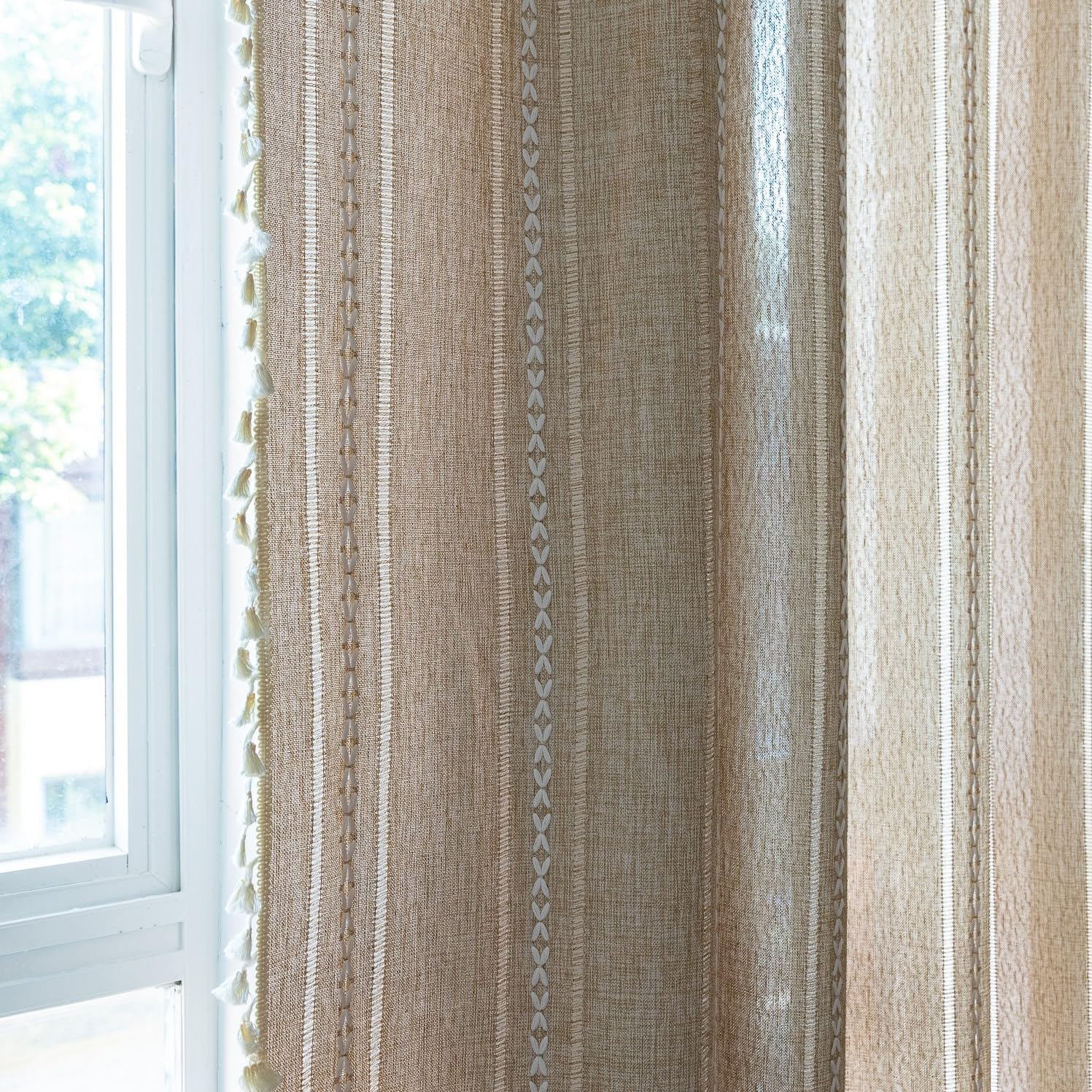 Sutuo Home Natural Boho Curtains 120 Inch Extra Long For Bohemian Farmhouse House Decoration, Semi Blackout Window Treatment, Privacy Embroidery Drape For Bedroom Living Room, W52 X L120