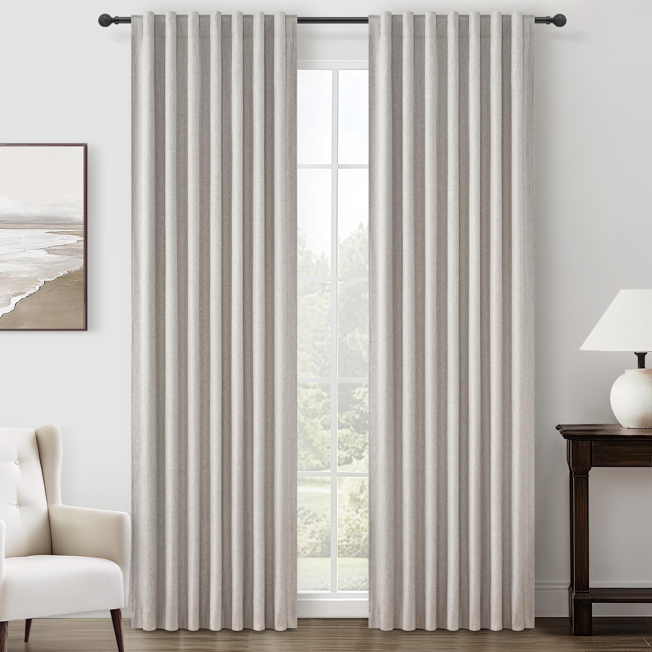 QJmydeco Thick Linen Blackout Curtains 90 Inches Long for Bedroom/Dining Room 2 Panels Set, Pleated Curtain with Pin Hooks Natur