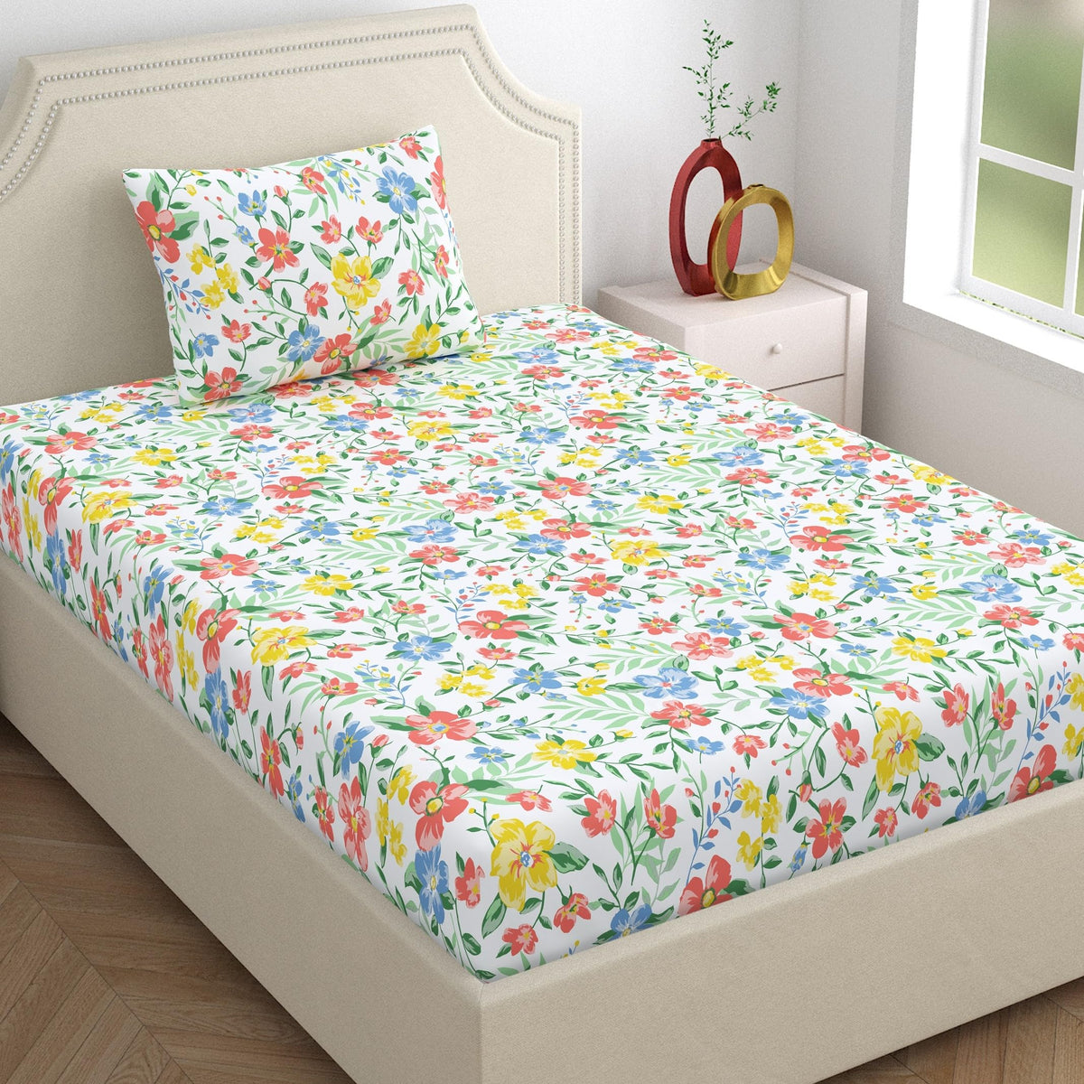 Home Ecstasy 100% Cotton Single Bedsheet with 1 Pillow Cover  (Size 59 x 87 inches, 140 TC, Colour  Multi: Petal Whimsy)