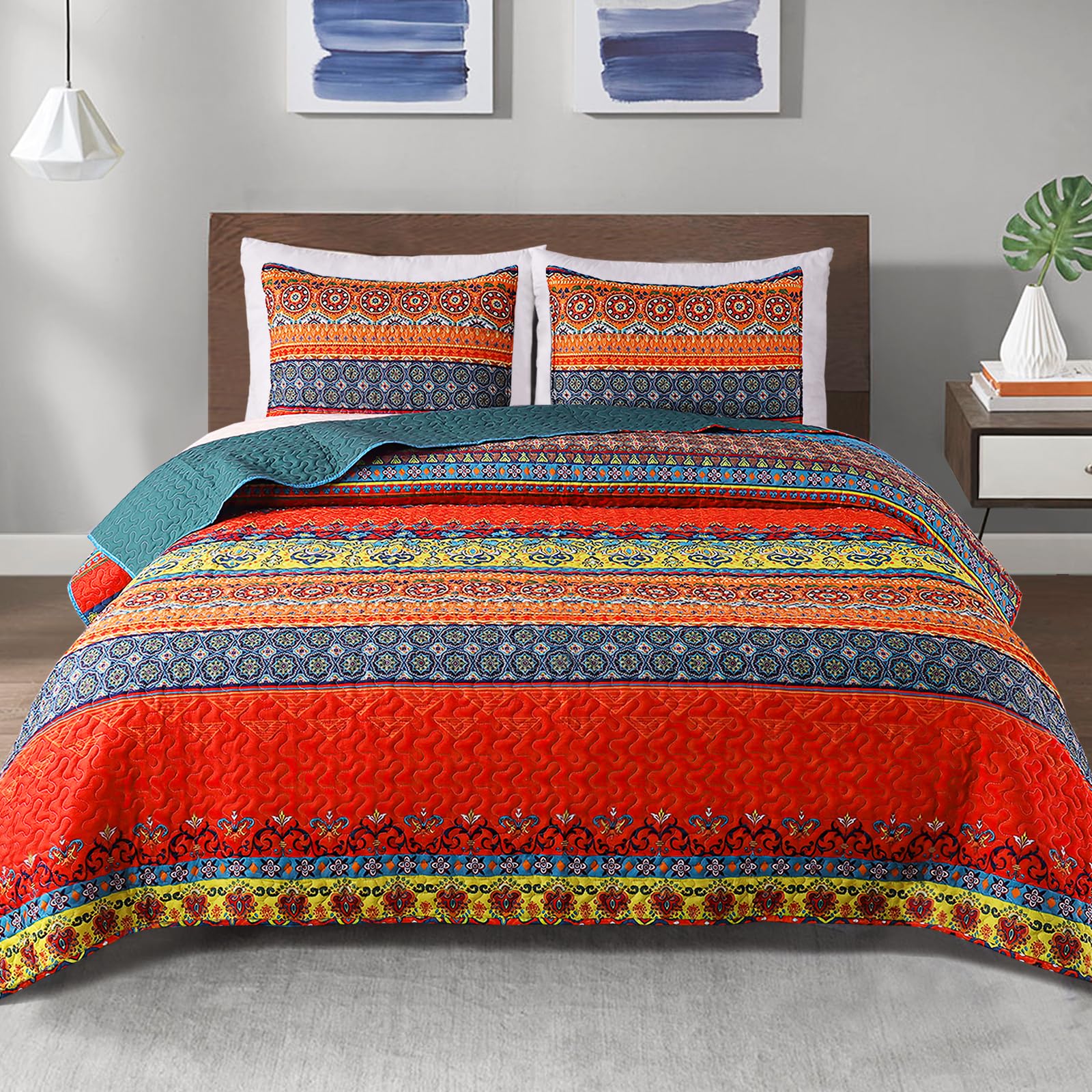 Exclusivo Mezcla Reversible Boho Quilt Set King Size, 3 Pieces Bohemian Blue All Season Bedspreads, Ultra Soft Floral Coverlet B