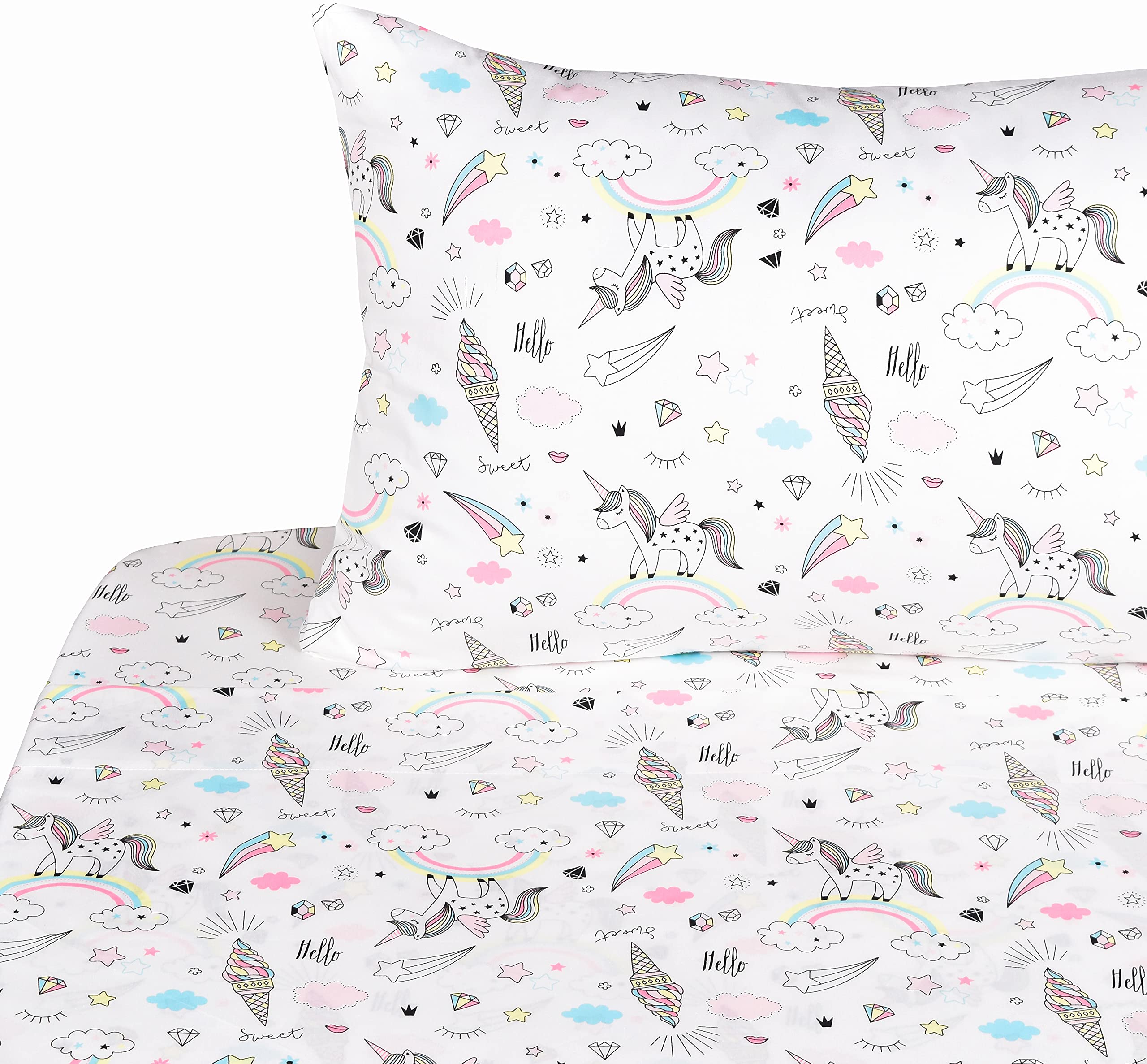 J-Pinno Unicorn Rainbow Ice-Cream Cone Twin 100% Cotton 3 Pieces Sheet Set For Kids Girls Children Flat Sheet + Fitted Sheet + P