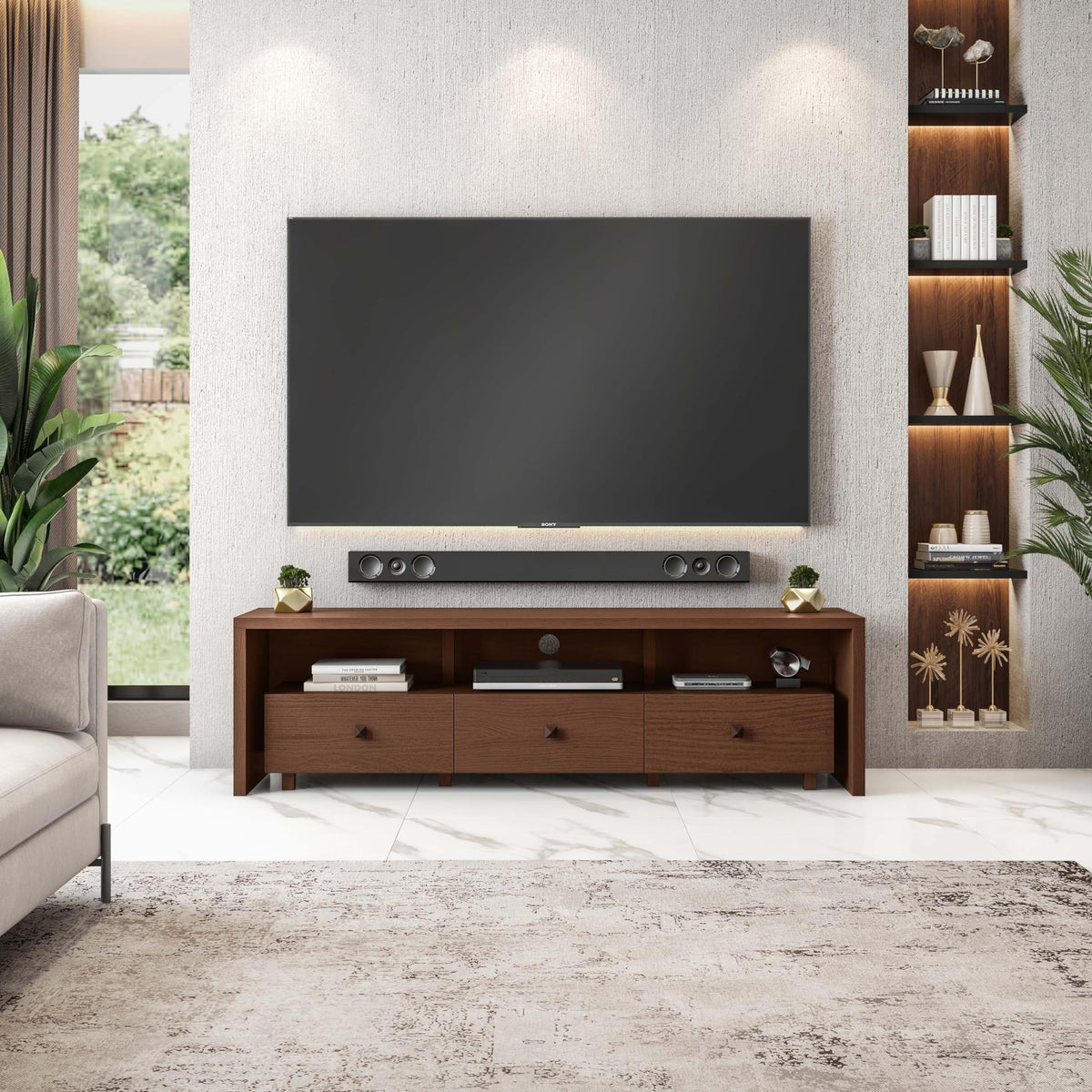 Techni Mobili Elegant 80” TV Stand with Three Cabinets and Storage, Modern Entertainment Center with Cable Management Fits Screens up to 80" When Measured Diagonally
