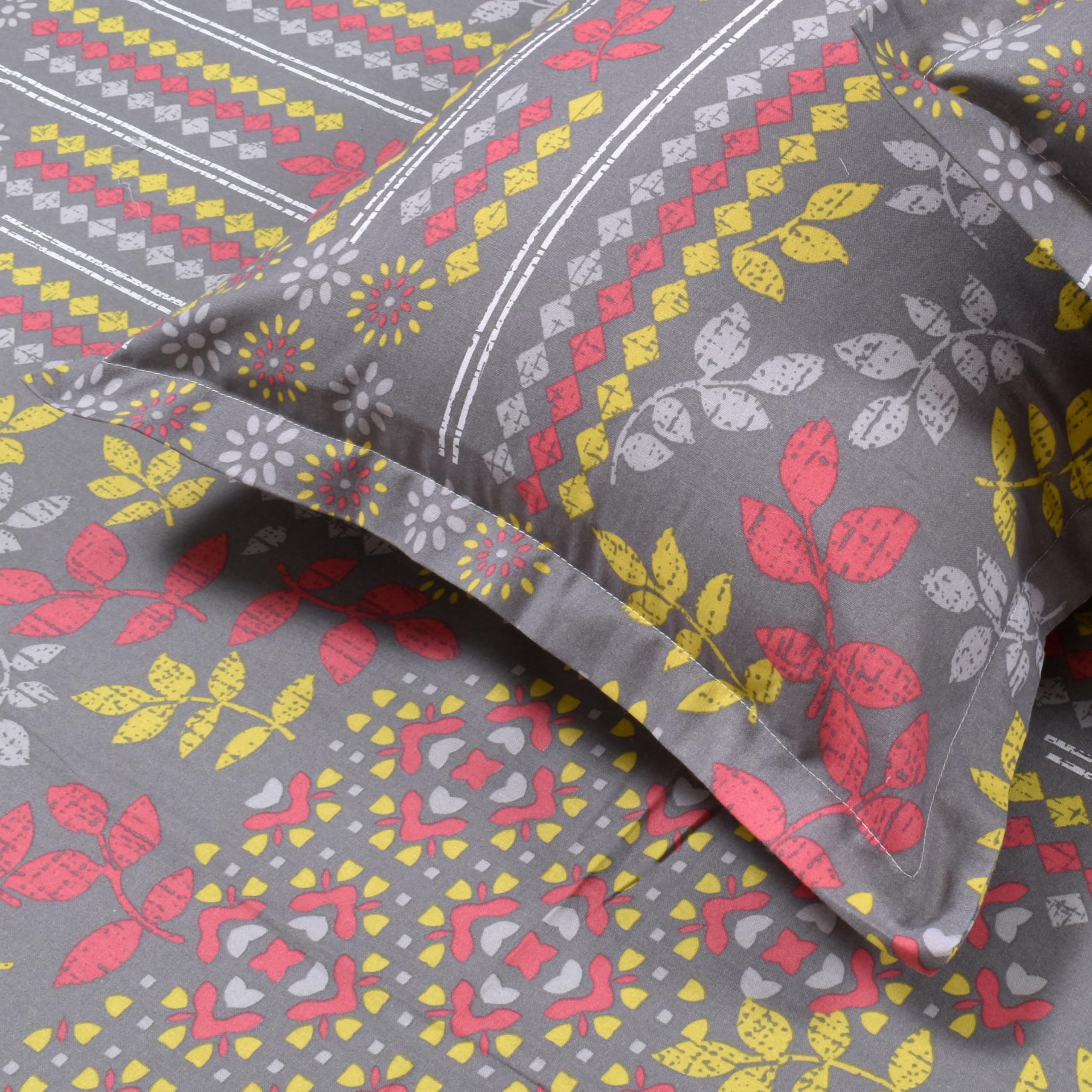 Huesland By Ahmedabad Cotton 144 Tc Cotton Bedsheet For Double Bed King Size With 2 Pillow Covers | Grey, Yellow & Pink