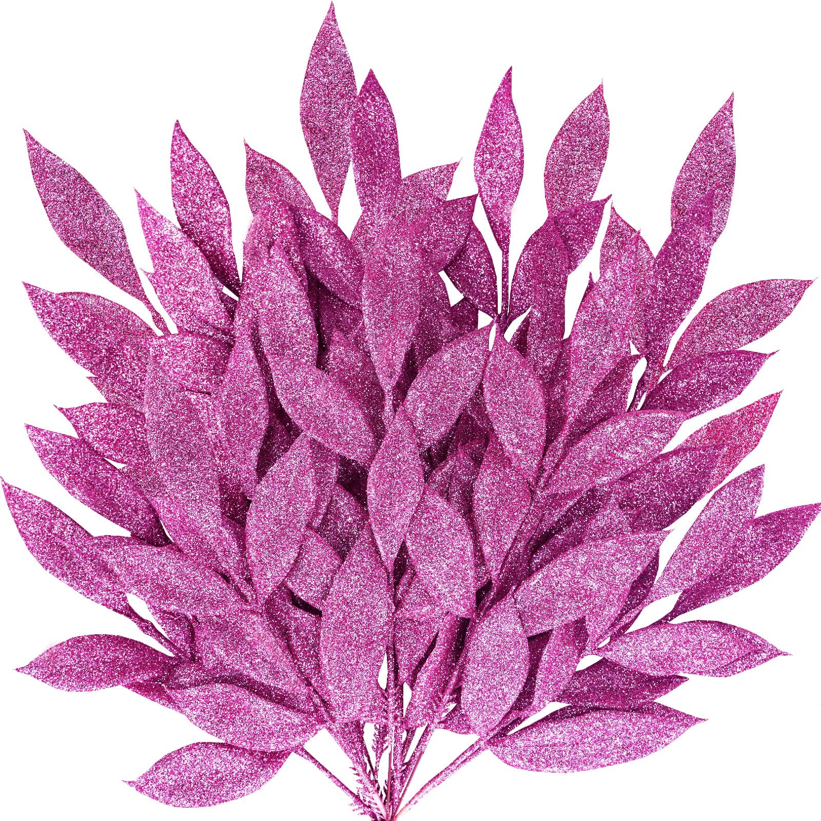 Winlyn 20 Pcs Pink Glitter Bay Leaf Sprays Artificial Christmas Tree Picks Sprays 12.7 Tall for Pink Christmas Tree Wreath Swag 