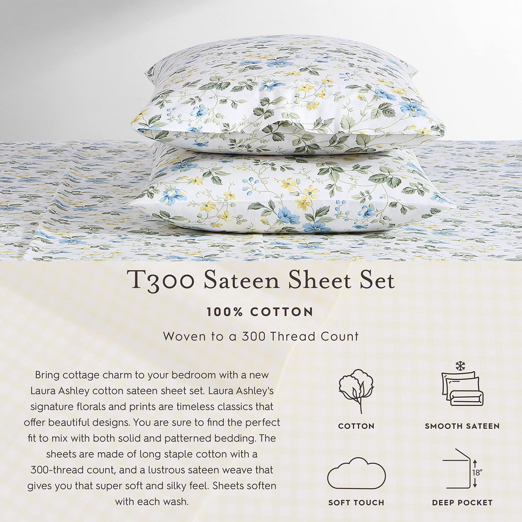 Laura Ashley Home - Queen Sheets, Soft Sateen Cotton Bedding Set - Sleek, Smooth, & Breathable Home Decor (Garden Muse Blue, 4 Pieces, Queen)