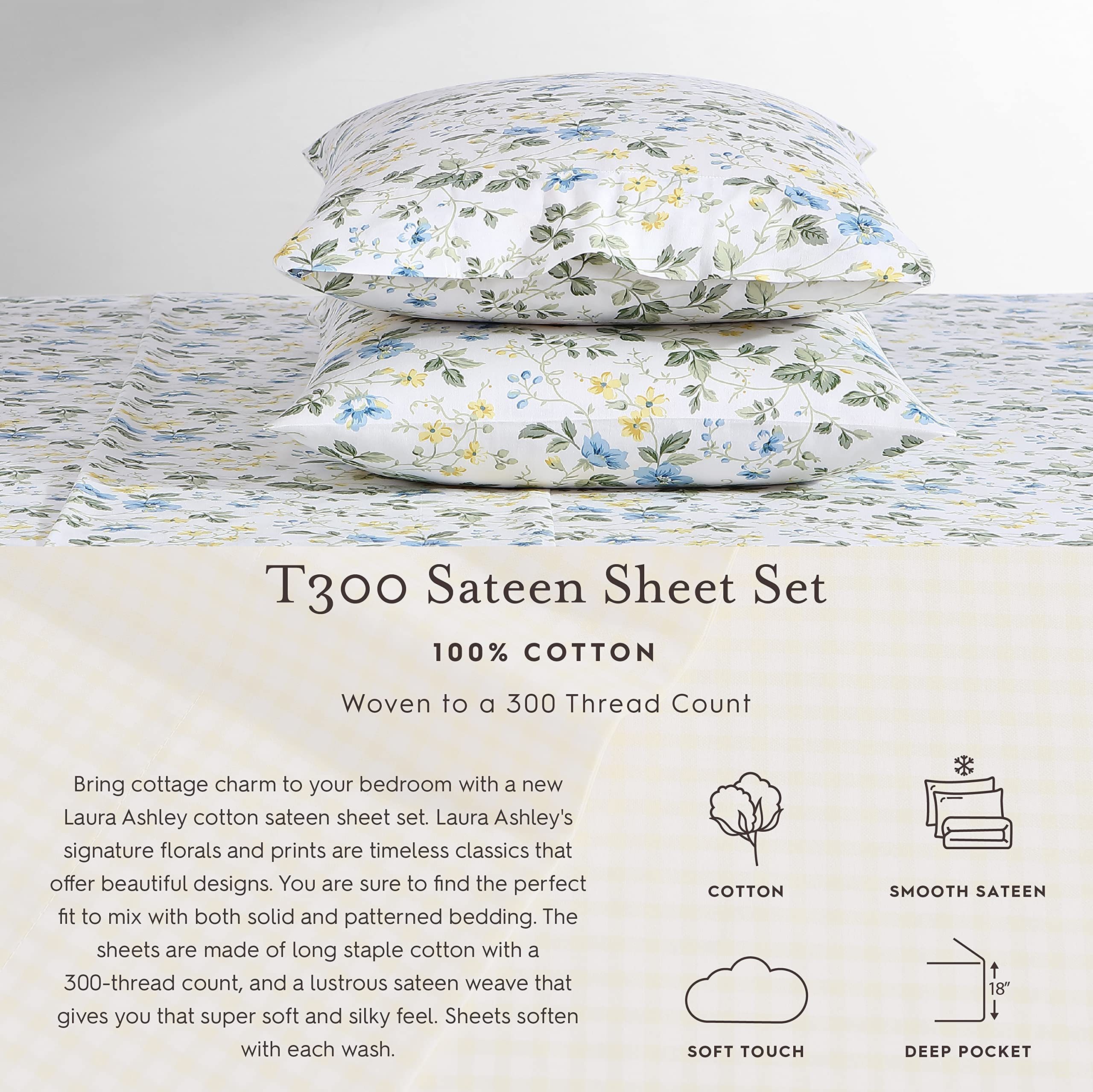 Laura Ashley Home - Queen Sheets, Soft Sateen Cotton Bedding Set - Sleek, Smooth, & Breathable Home Decor (Garden Muse Blue, 4 Pieces, Queen)