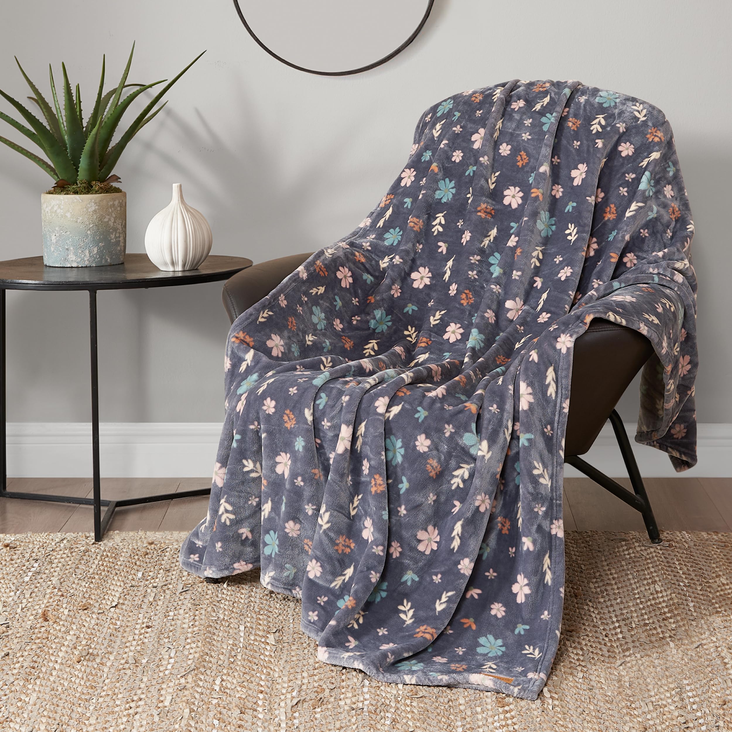 Lucky Brand Luxurious Fuzzy Blanket For Sofa Or Bed, Tossed Blooms Plush Throw Blanket, 50' X 70', Gray Floral