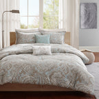 Madison Park Pure Ronan Cotton Comforter Set - Casual Paisley Design, All Season Alternative Down Cozy Bedding, Matching Shams, Decorative Pillows, Blue King/Cal King(104'X92') 5 Piece