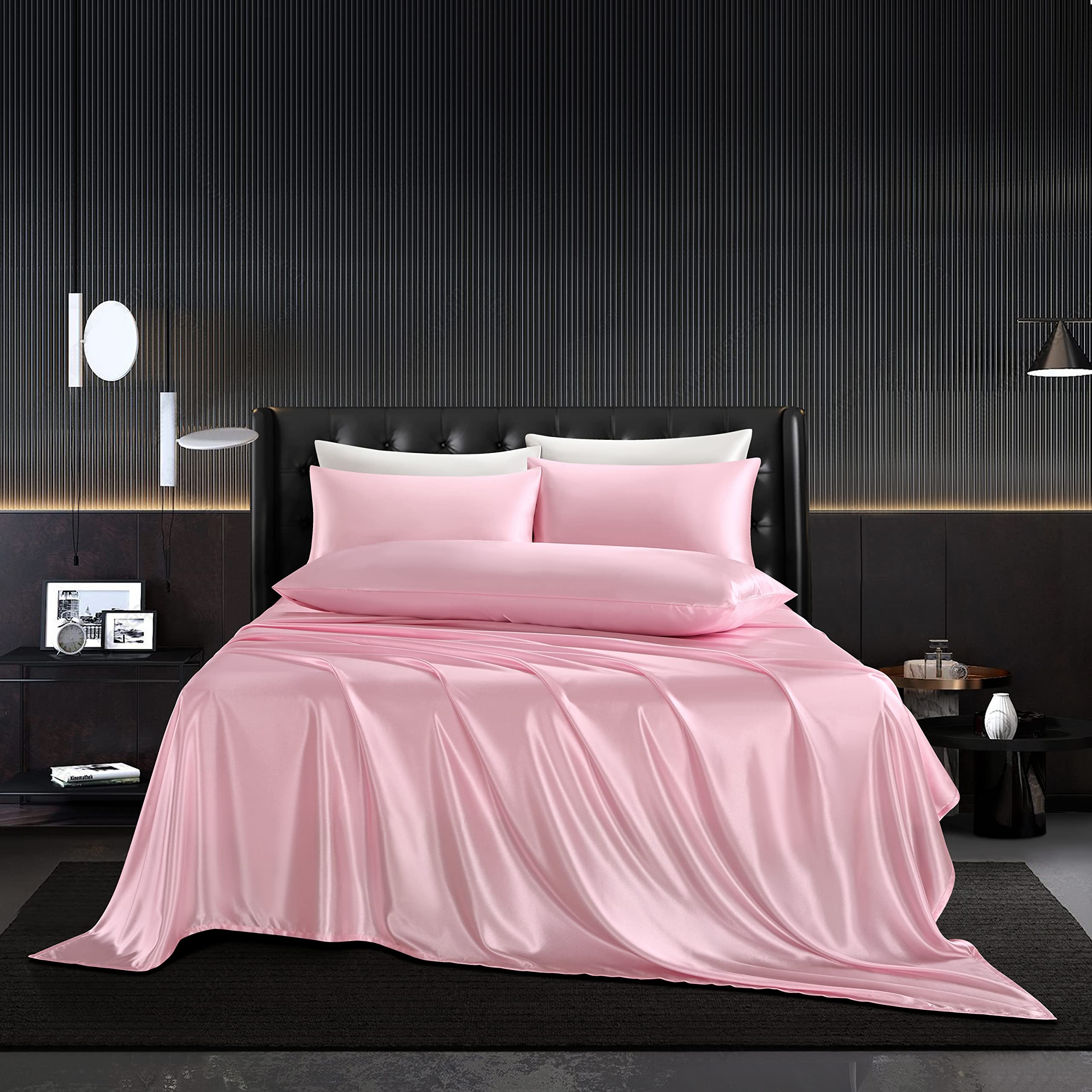 Hommxjf 5Pcs Satin Sheets Set King Size Sheets Pink Sheets Silky Breathable Luxury Bedding Sheets With 1 Satin Flat Sheet,1Deep