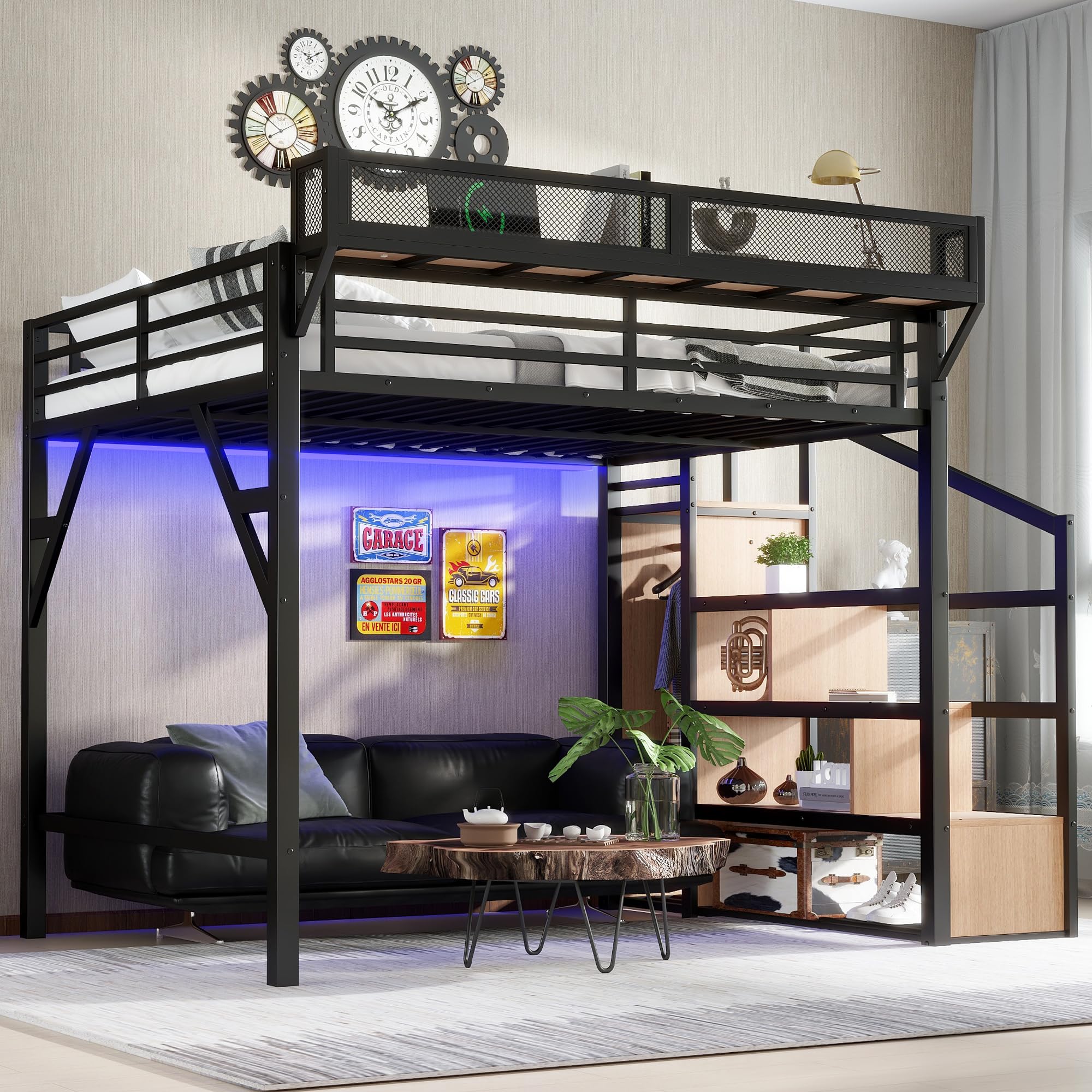 Queen Loft Bed with Stairs and Wardrobe, Queen Size Loft Bed with Charging Station, Lights and Bedside Shelf, Heavy Duty Loft Be