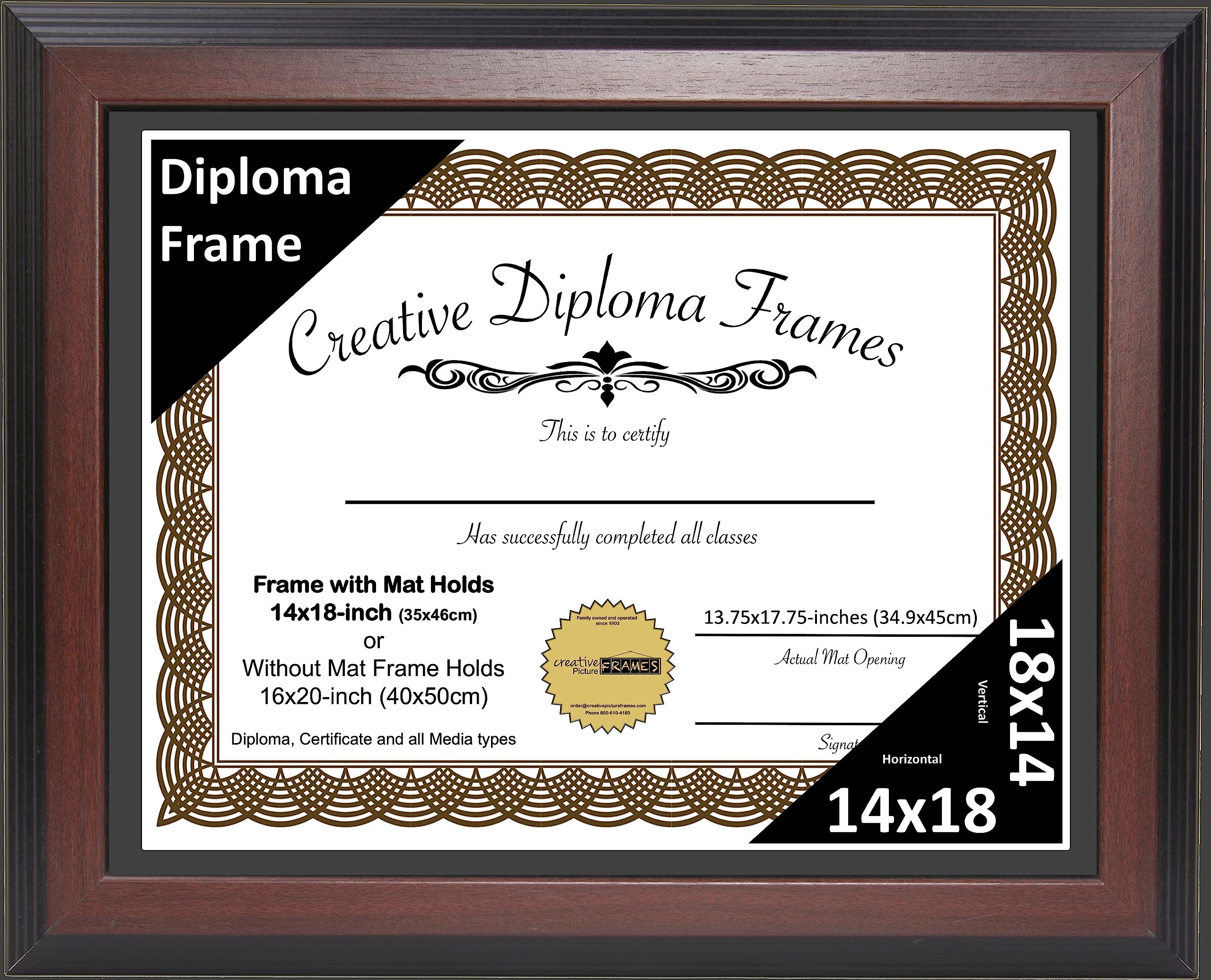 Creative Picture Frames 14x18 Mahogany Finish Diploma Frame with Black Matting Holds 14 by 18-inch Documents with Glass and inst