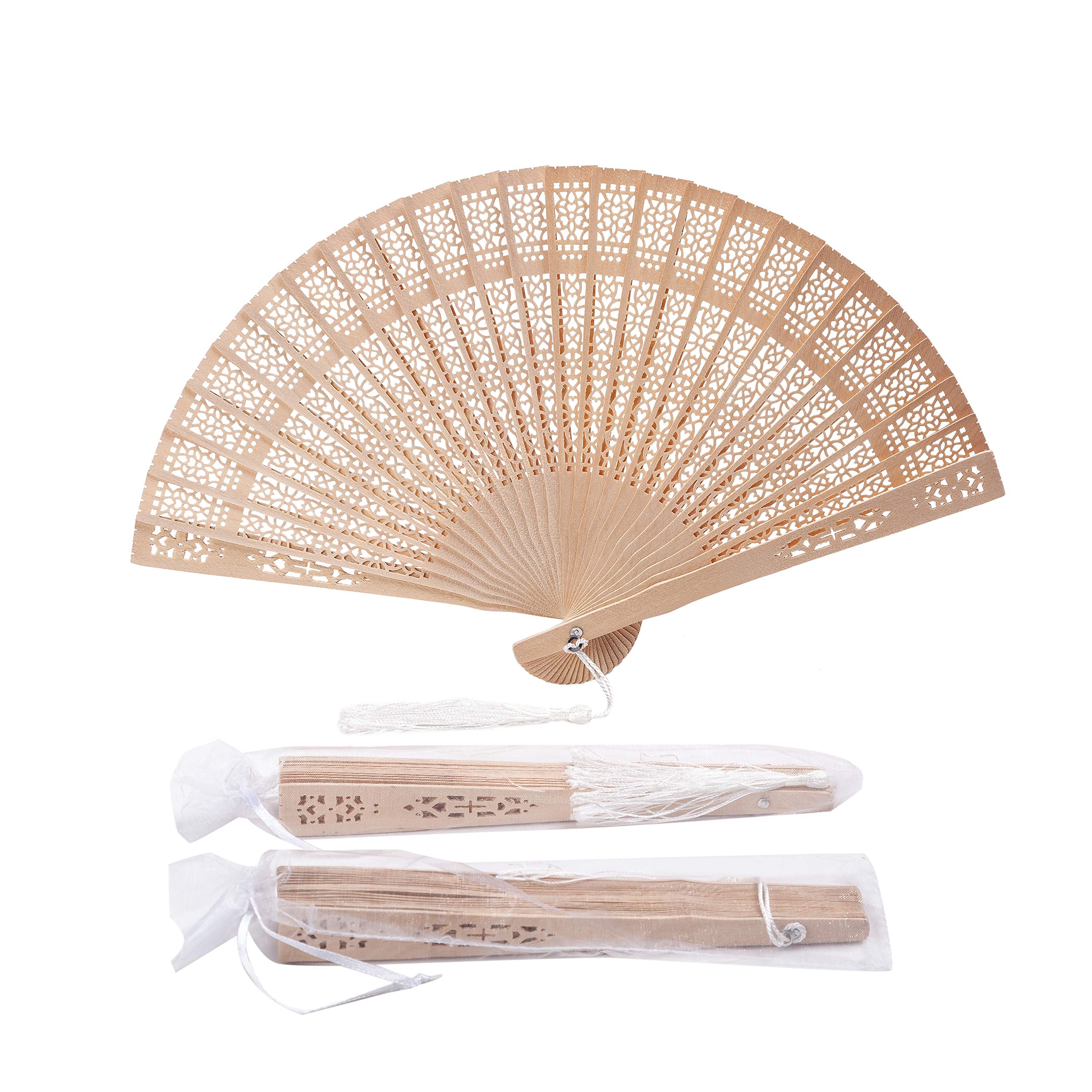 Sepwedd Set of 50pcs Sandalwood Fan Baby Shower Gifts Favors with Gift Bags and Tassels Wooden Folding Fan