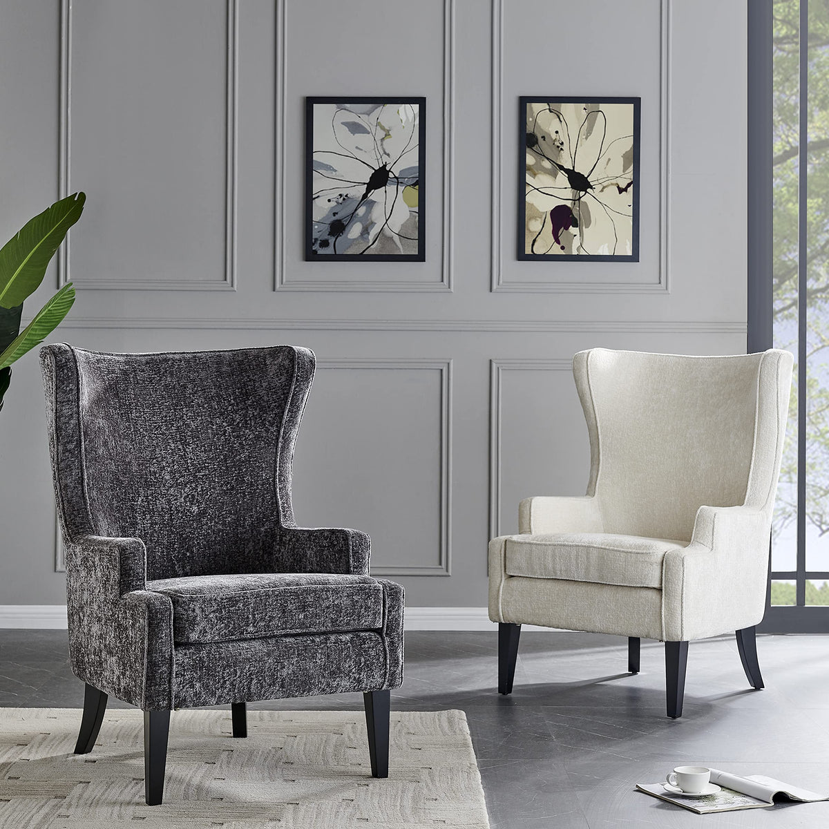 Npd Furniture And More Clementine Kd Fabric Wing Arm Accent Chair, Cream