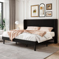 SHA CERLIN King Size Velvet Bed Frame with Vertical Channel Tufted Wingback Headboard, Upholstered Platform Bed with Wood Slats,