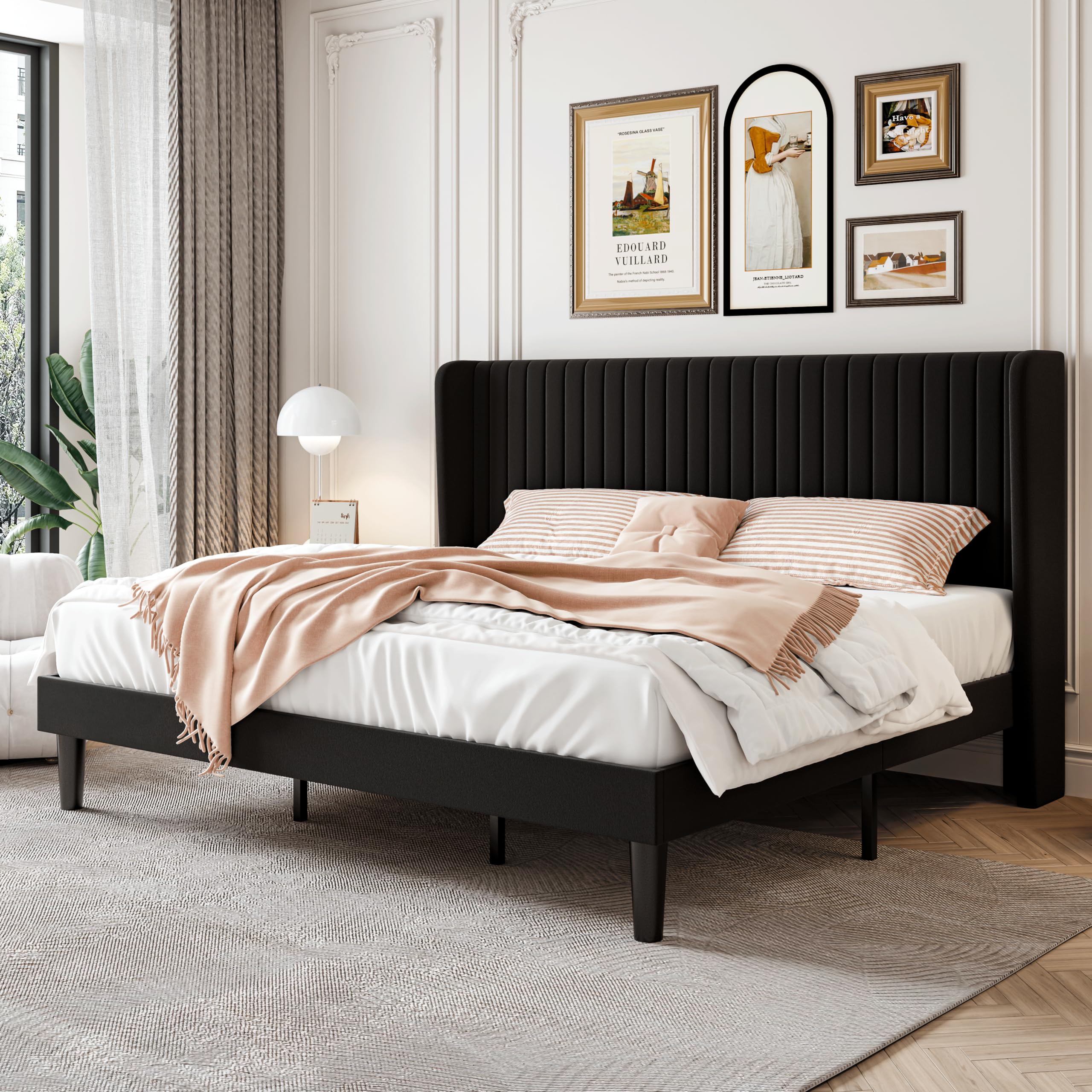 SHA CERLIN King Size Velvet Bed Frame with Vertical Channel Tufted Wingback Headboard, Upholstered Platform Bed with Wood Slats,