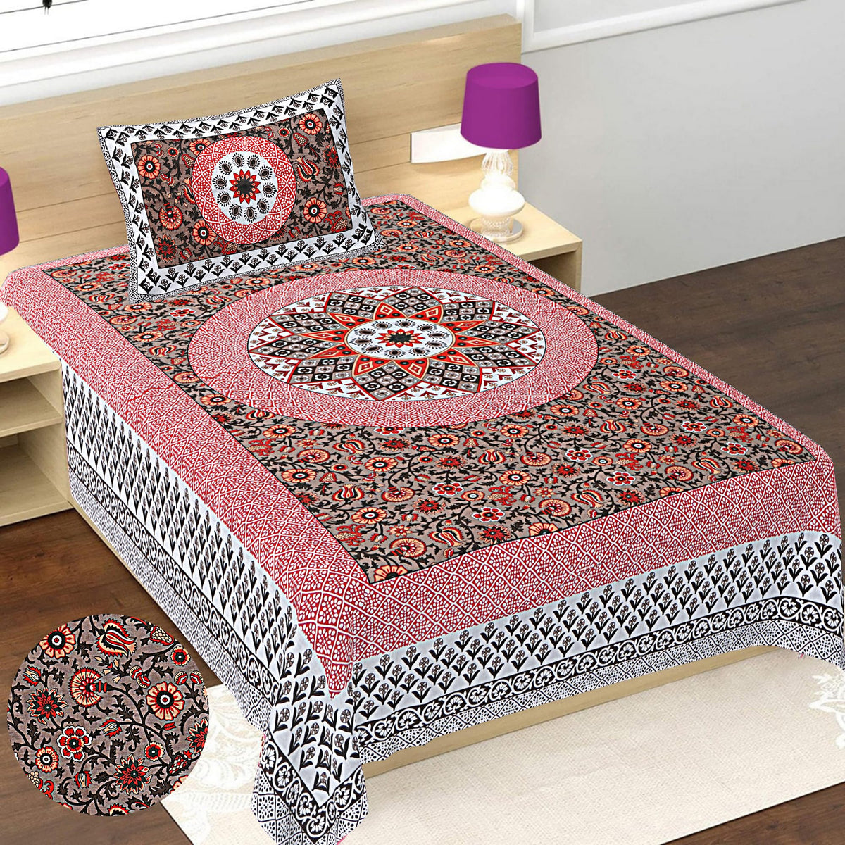 Best Sheet Jaipuri Single Bed Cotton Bedsheet with Pillow CoverRoundjaal Orange