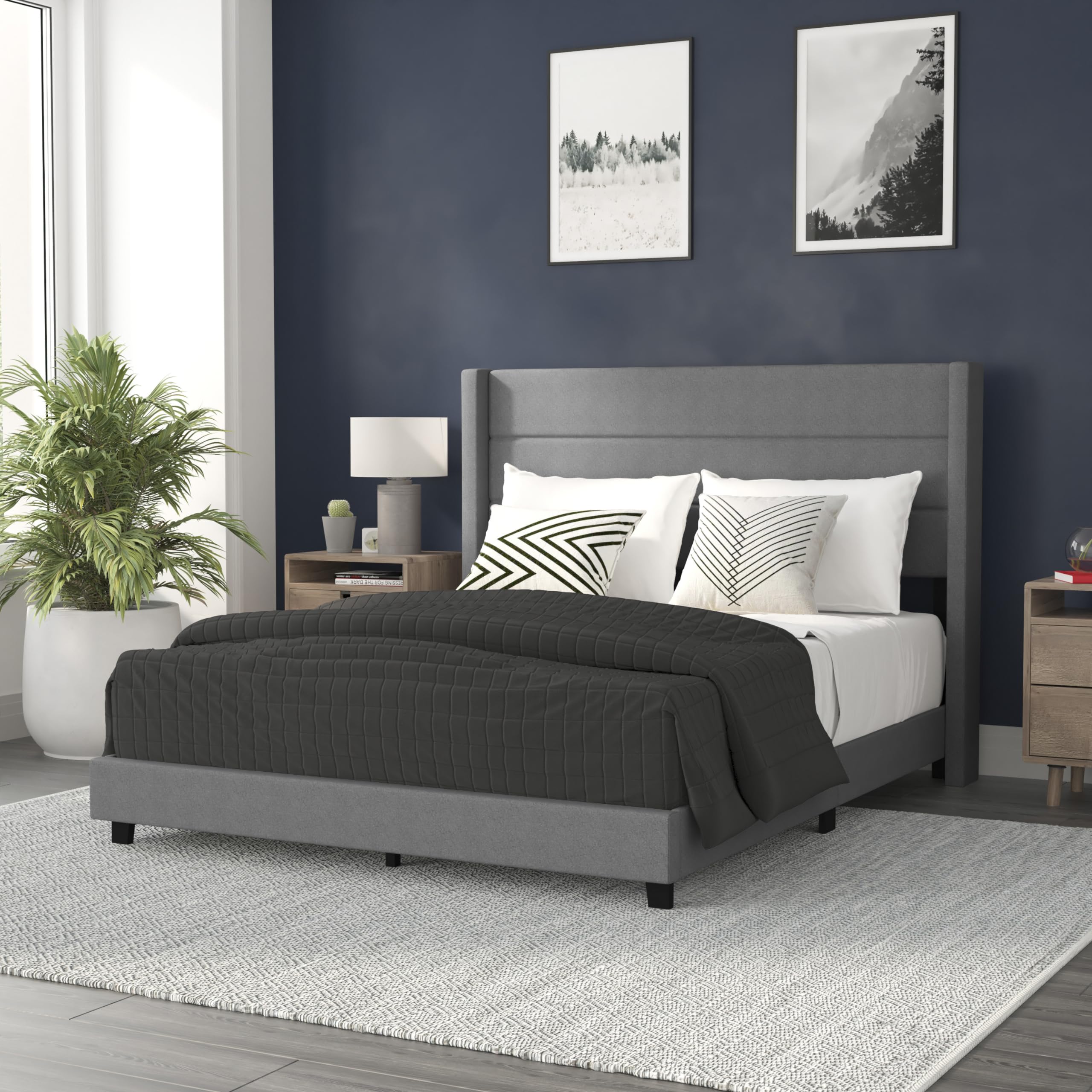 Flash Furniture Hollis Upholstered Platform Bed - Gray Faux Linen Wingback Headboard - Queen - Mattress Foundation with Slatted 