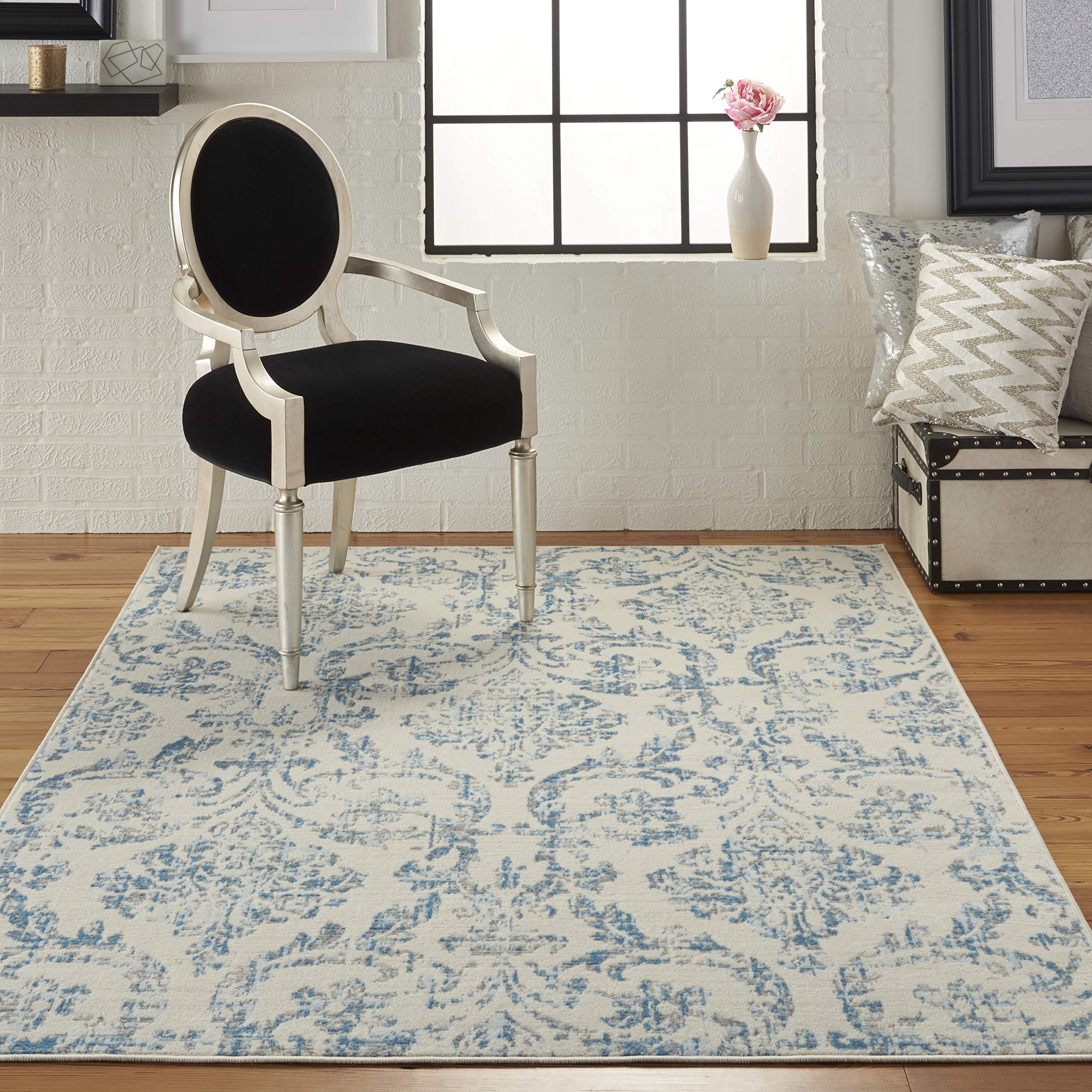 Nourison Jubilant Damask Ivory/Blue 4 x 6 Area -Rug, Easy -Cleaning, Non Shedding, Bed Room, Living Room, Dining Room, Kitchen