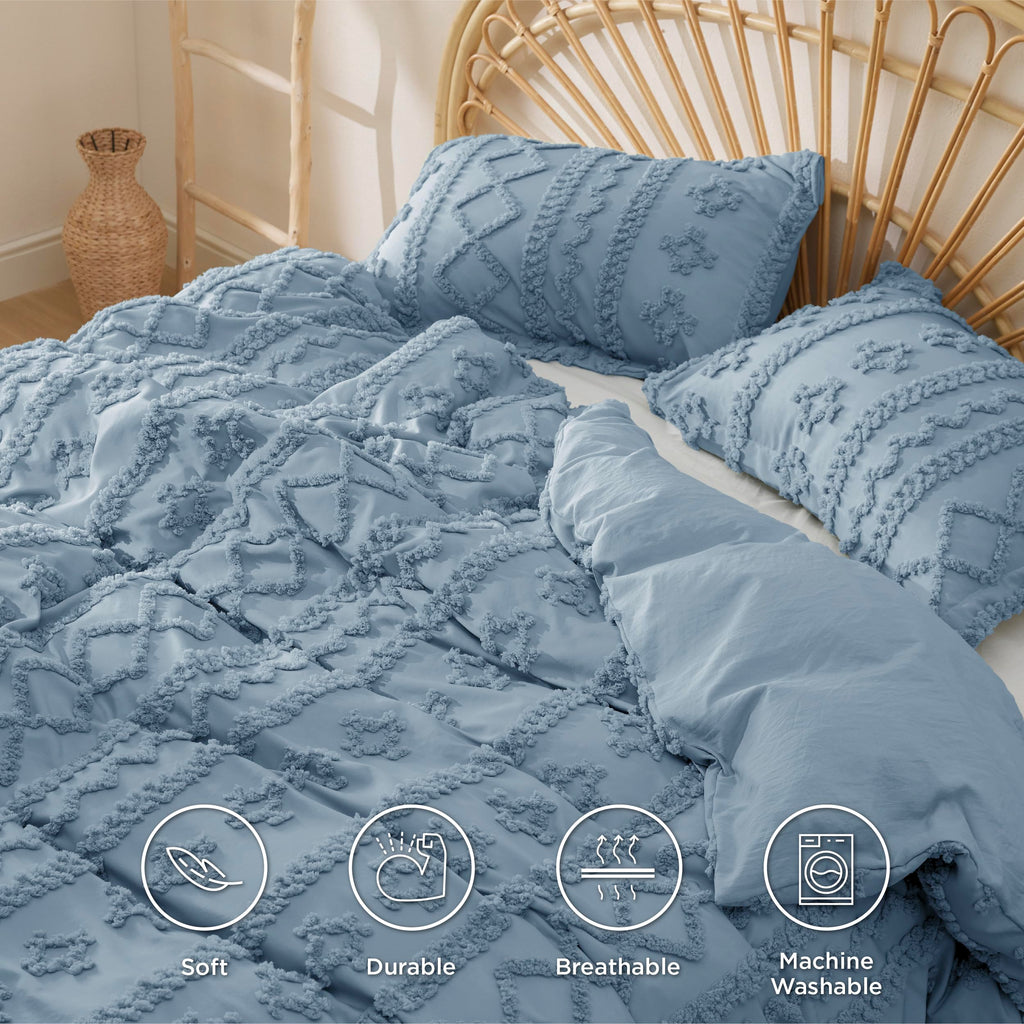 Bedsure Boho Duvet Cover King Size - Tufted Duvet Cover King Size For All Seasons, 3 Pieces Soft Shabby Chic Embroidery Boho Bedding Duvet Cover For Gifts (Dusty Blue, King, 104X90)