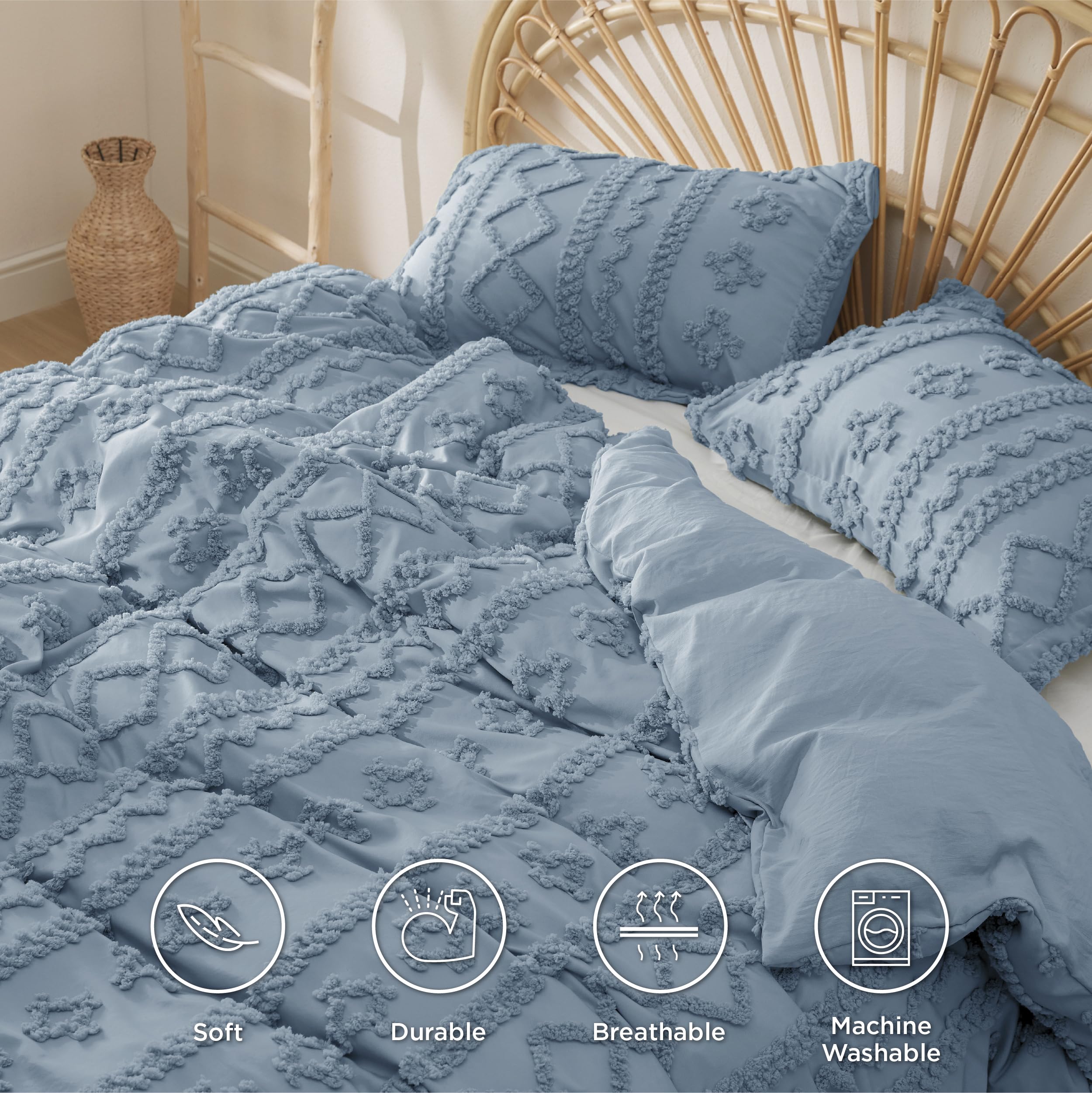 Bedsure Boho Duvet Cover King Size - Tufted Duvet Cover King Size For All Seasons, 3 Pieces Soft Shabby Chic Embroidery Boho Bedding Duvet Cover For Gifts (Dusty Blue, King, 104X90)