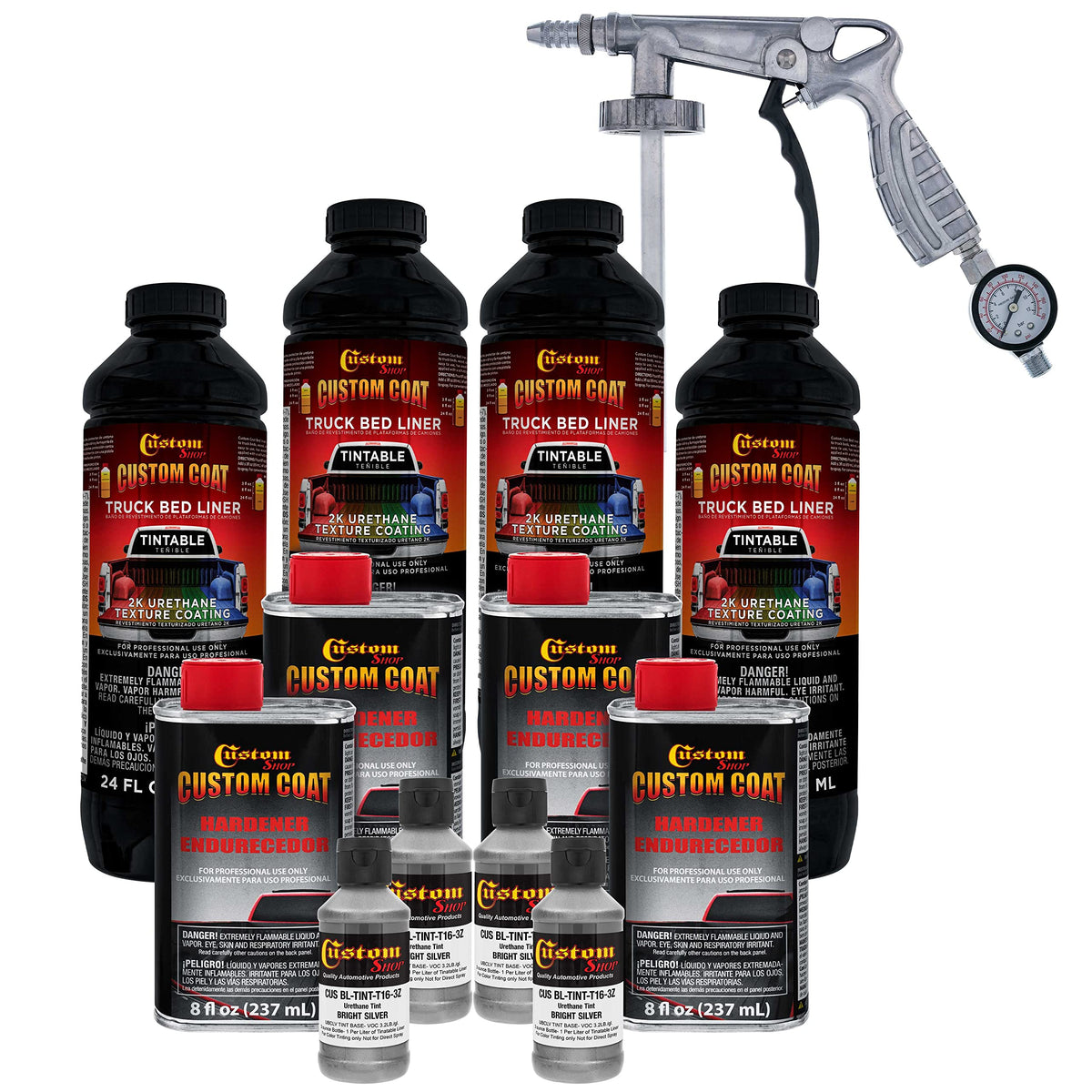 Custom Coat Bright Silver 1 Gallon Urethane Spray-On Truck Bed Liner Kit With Spray Gun And Regulator - Easy Mixing, Shake, Shoo